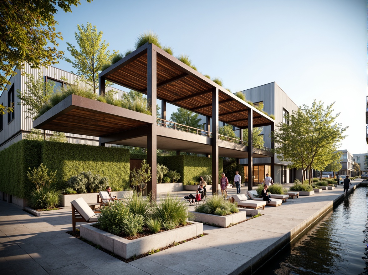 Prompt: Recycled metal beams, cross-laminated timber frames, living green walls, vertical gardens, cantilevered roofs, solar panels, wind turbines, rainwater harvesting systems, permeable pavers, recycled glass facades, low-carbon concrete foundations, bamboo flooring, reclaimed wood accents, natural ventilation systems, clerestory windows, skylights, passive solar design, energy-efficient HVAC systems, water conservation fixtures, minimalist interior design, industrial chic aesthetics, urban renewal context, revitalized waterfront, sunny day, soft warm lighting, shallow depth of field, 3/4 composition, panoramic view, realistic textures, ambient occlusion.