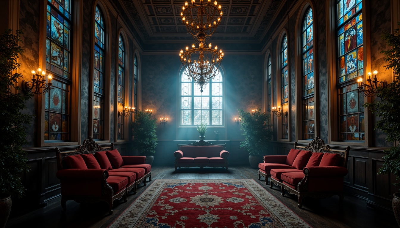 Prompt: Dark, mystical atmosphere, ornate furnishings, vaulted ceilings, grandiose chandeliers, stained glass windows, intricate stone carvings, luxurious velvet fabrics, rich wood tones, dramatic lighting, mysterious shadows, symmetrical composition, ornate mirrors, lavish decorations, regal color palette, imposing furniture silhouettes, eerie ambiance, warm candlelight, foggy misty effects, cinematic mood.