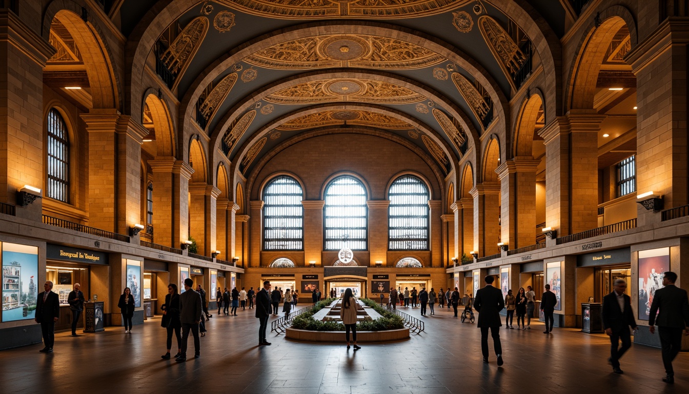 Prompt: Grand metro station, Romanesque archways, vaulted ceilings, ornate columns, rustic stone walls, intricate mosaics, warm golden lighting, bustling pedestrian traffic, modern transportation hubs, sleek train lines, futuristic advertisements, vibrant urban atmosphere, shallow depth of field, 1/2 composition, symmetrical framing, high-contrast colors, detailed textures, ambient occlusion.