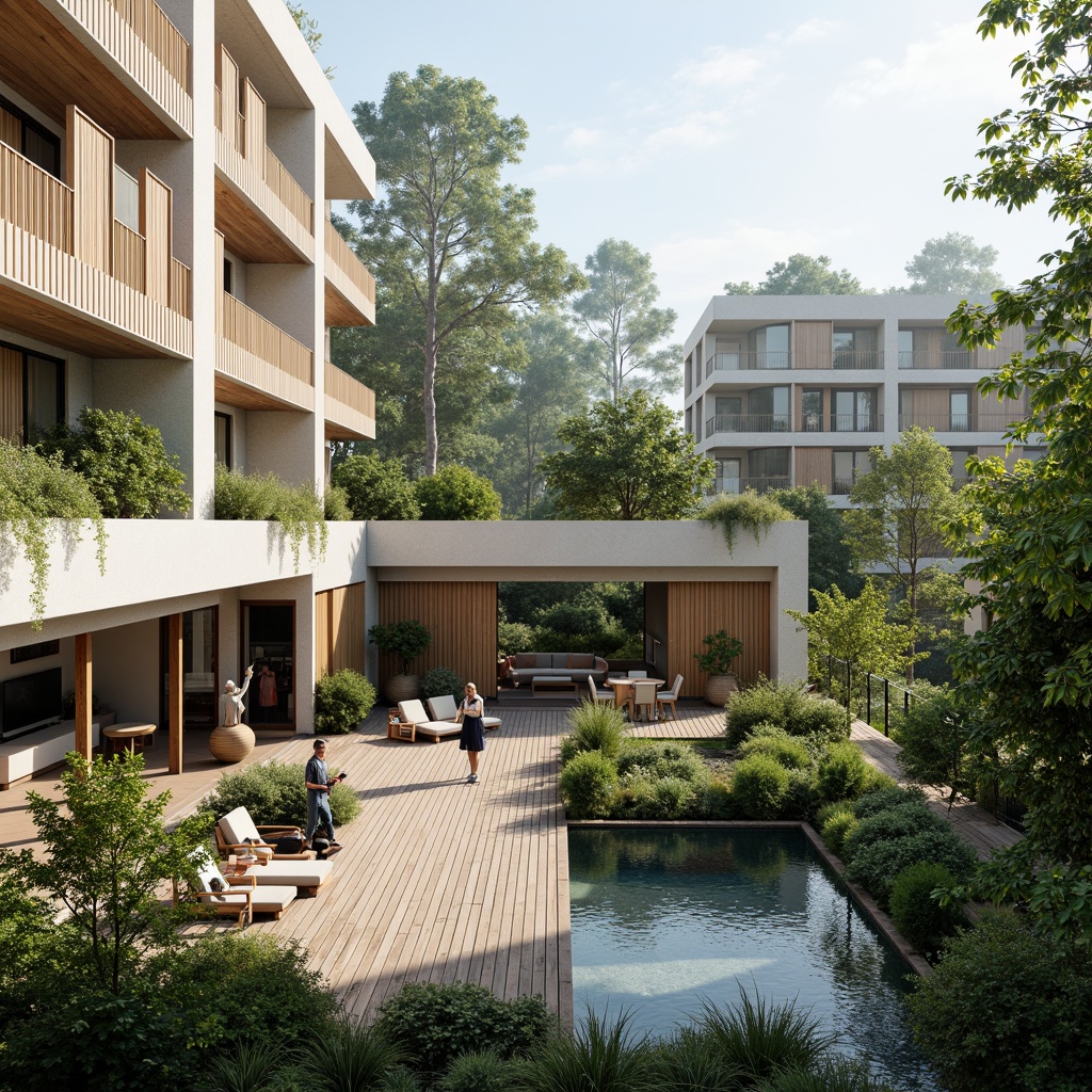 Prompt: Spacious residential area, modern minimalist architecture, large windows, sliding glass doors, open-plan living rooms, high ceilings, natural ventilation systems, abundant greenery, vertical gardens, rooftop terraces, outdoor seating areas, wooden decking, minimal ornamentation, soft warm lighting, shallow depth of field, 1/1 composition, panoramic view, realistic textures, ambient occlusion.