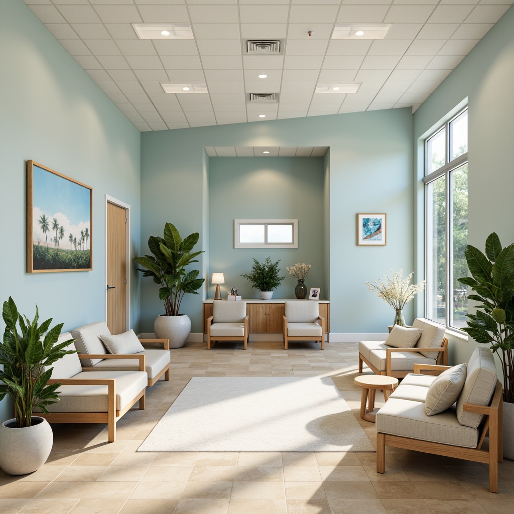 Prompt: Calming healthcare facility, soothing color scheme, pale blue walls, creamy white accents, warm beige floors, natural wood tones, gentle greenery, soft diffused lighting, serene atmosphere, minimalist decor, comfortable seating areas, peaceful waiting rooms, calming art pieces, subtle patterns, earthy textures, organic shapes, nature-inspired elements, vibrant plant life, uplifting ambiance, balanced composition, harmonious color harmony.