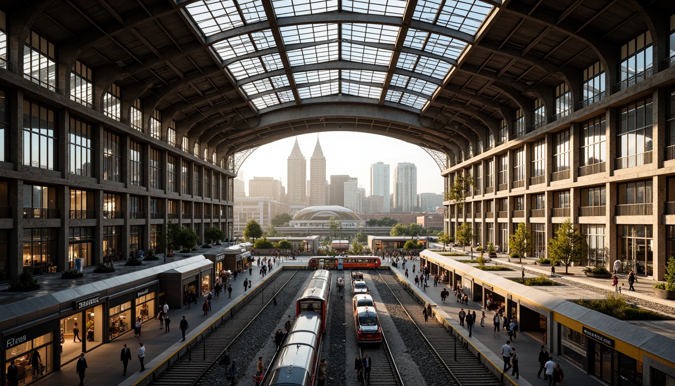 Prompt: Large train station, high ceilings, natural ventilation system, clerestory windows, skylights, transparent roofs, steel beams, industrial architecture, modern design, urban landscape, cityscape views, busy pedestrian traffic, rush hour atmosphere, warm lighting, shallow depth of field, 1/2 composition, realistic textures, ambient occlusion.