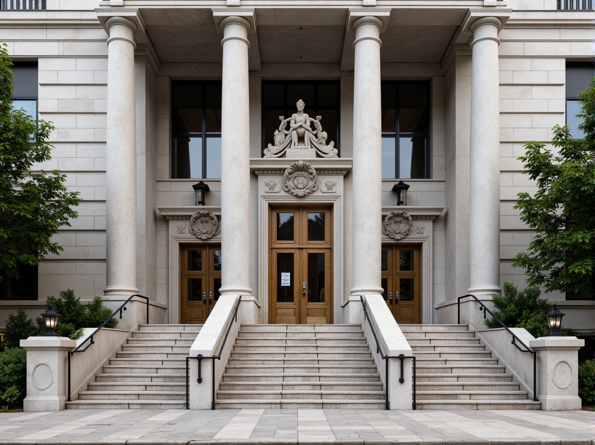 Prompt: Grandiose courthouse entrance, neoclassical architecture, imposing stone columns, ornate cornices, symmetrical fa\u00e7ade, majestic bronze doors, intricate carvings, subtle pediments, dignified staircases, polished marble floors, stately lanterns, classicist details, solemn atmosphere, overcast day, softbox lighting, shallow depth of field, 2/3 composition, realistic textures, ambient occlusion.