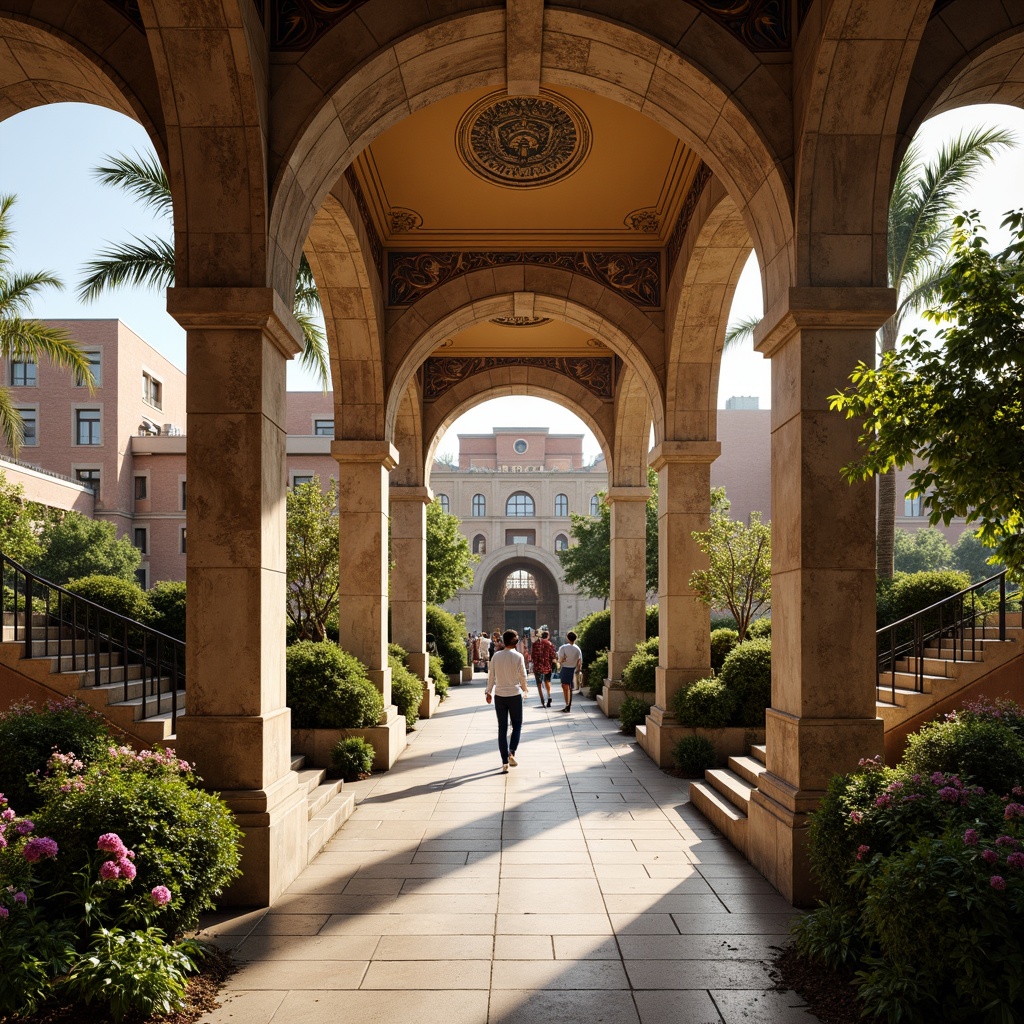 Prompt: Rustic metro station, Romanesque arches, ornate columns, grand staircases, warm beige stone walls, intricate mosaics, lush greenery, vibrant flowers, modern urban lighting, shallow depth of field, 1/1 composition, symmetrical framing, dramatic shadows, ambient occlusion, busy city life, morning commute, soft natural light, elegant water features, ornamental fountains, pedestrian walkways, urban furniture, steel benches, bicycle racks.