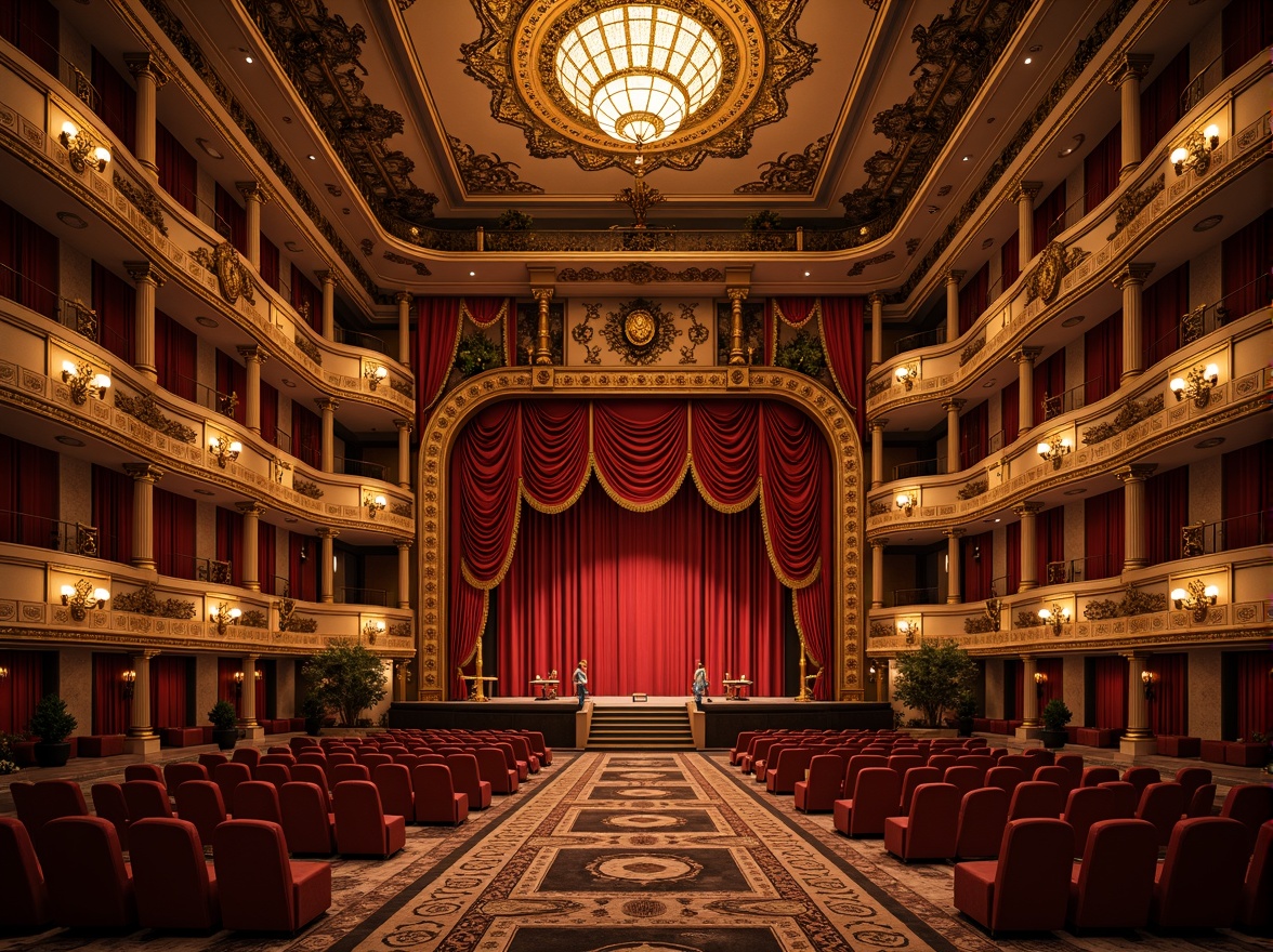 Prompt: Opulent opera house, intricately carved wooden panels, velvety red curtains, ornate golden chandeliers, marble floors, grand staircases, richly patterned rugs, luxurious velvet seats, Baroque-inspired architecture, dramatic spotlights, warm golden lighting, shallow depth of field, 1/1 composition, ornate metalwork details, realistic fabric textures, ambient occlusion, lavish decorative elements, elegant frescoes, sweeping archways.