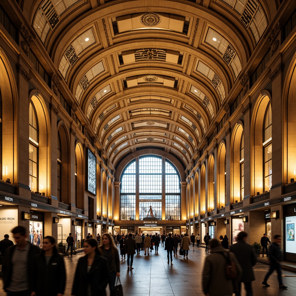 Prompt: Grandiose metro station, Romanesque archways, ornate stone carvings, vaulted ceilings, majestic columns, intricate mosaics, warm golden lighting, busy commuter atmosphere, modern transportation hub, sleek glass roofs, polished metal accents, sophisticated urban design, underground tunnels, escalators, ticketing machines, vibrant advertisement displays, rush hour crowds, soft focus blur, 1/2 composition, dramatic shadows, realistic textures.