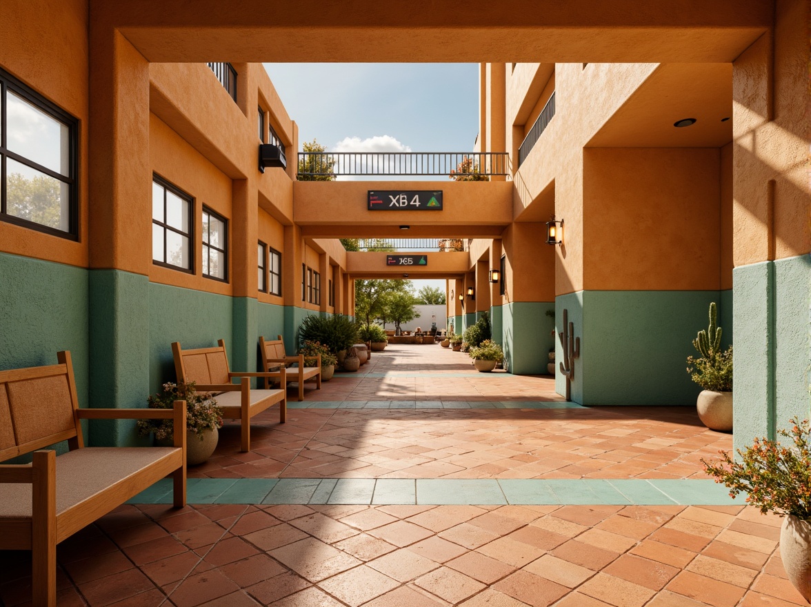 Prompt: Vibrant metro station, desert-inspired architecture, warm beige walls, terracotta-hued floors, turquoise accents, sandy dunes patterns, cactus-shaped pillars, sun-bleached wood benches, metallic railings with Southwestern motifs, glowing lanterns, soft warm lighting, shallow depth of field, 3/4 composition, panoramic view, realistic textures, ambient occlusion.