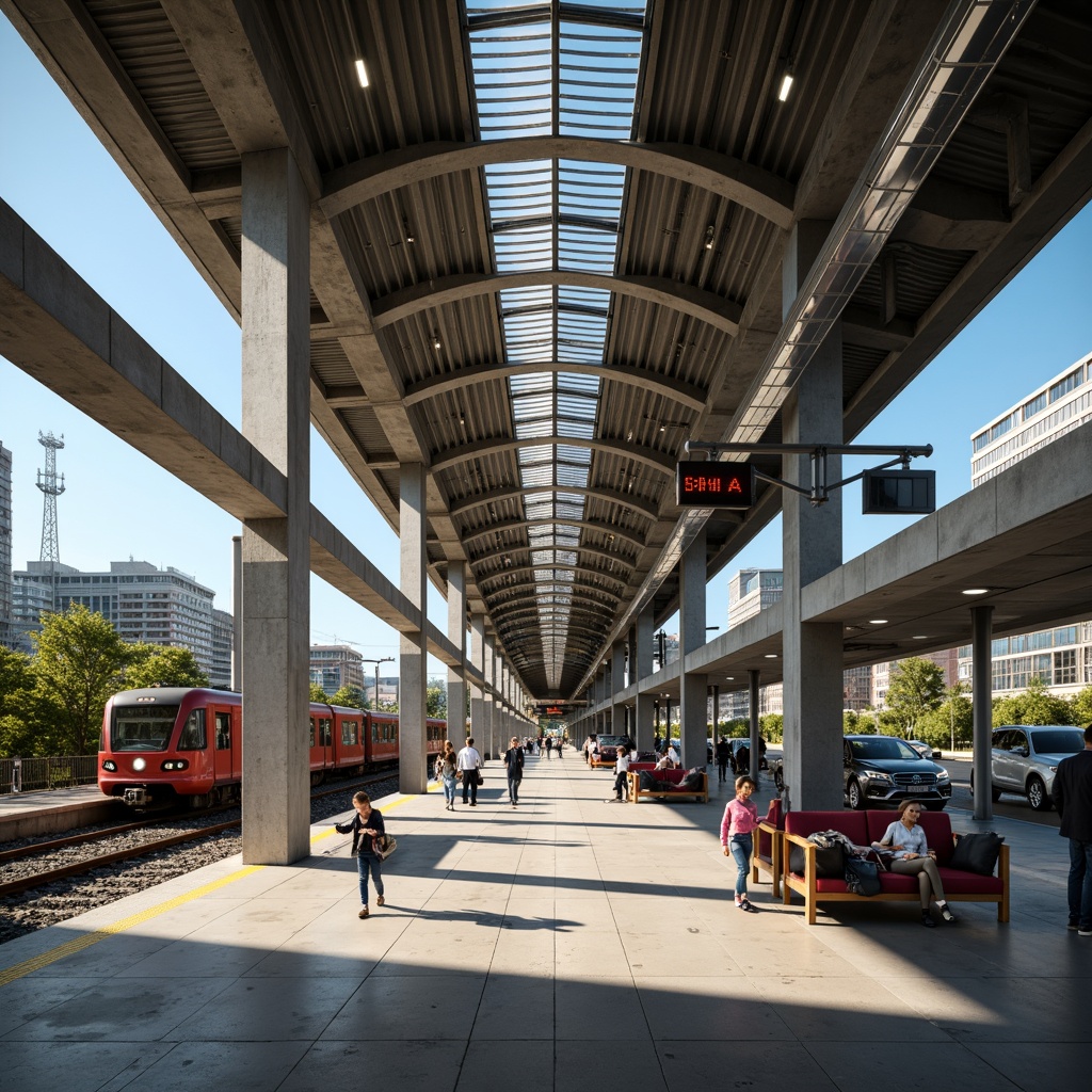 Prompt: Sleek modern train station, high-ceilinged interior, polished concrete floors, stainless steel columns, LED lighting systems, minimalist signage, industrial-chic metal beams, glass roofs, natural ventilation systems, comfortable waiting areas, wooden benches, urban landscapes, bustling city scenes, warm neutral color palette, subtle texture variations, realistic reflections, shallow depth of field, 3/4 composition, panoramic view.