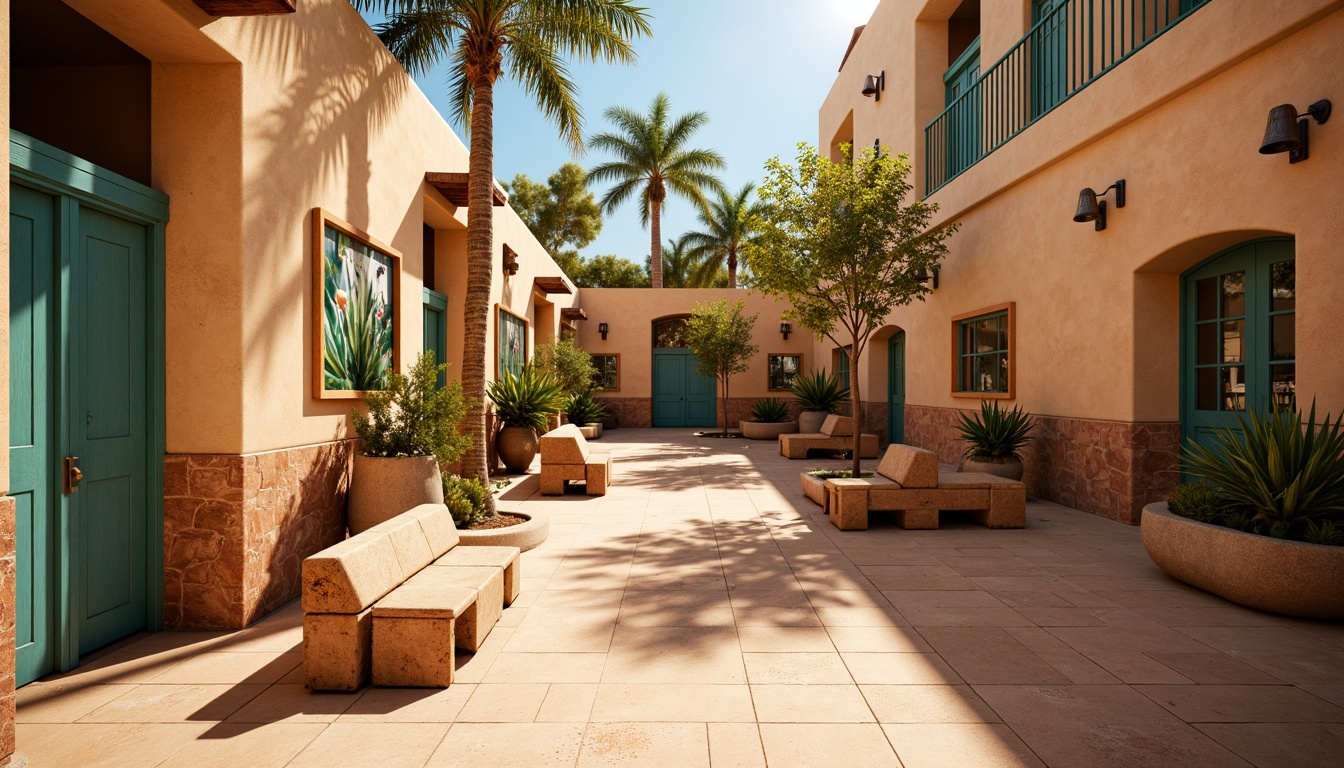 Prompt: Vibrant desert oasis, warm beige walls, turquoise accents, sandy terracotta floors, rustic metal fixtures, natural stone benches, cactus-inspired sculptures, intricate geometric patterns, earthy tone murals, warm golden lighting, soft ambient glow, shallow depth of field, 1/2 composition, realistic textures, ambient occlusion.