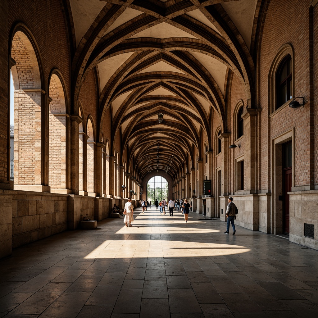 Prompt: Grandiose metro station, Romanesque architecture, ornate stone carvings, vaulted ceilings, rustic brick walls, arched windows, intricate masonry patterns, earthy color palette, warm atmospheric lighting, shallow depth of field, 3/4 composition, panoramic view, realistic textures, ambient occlusion.