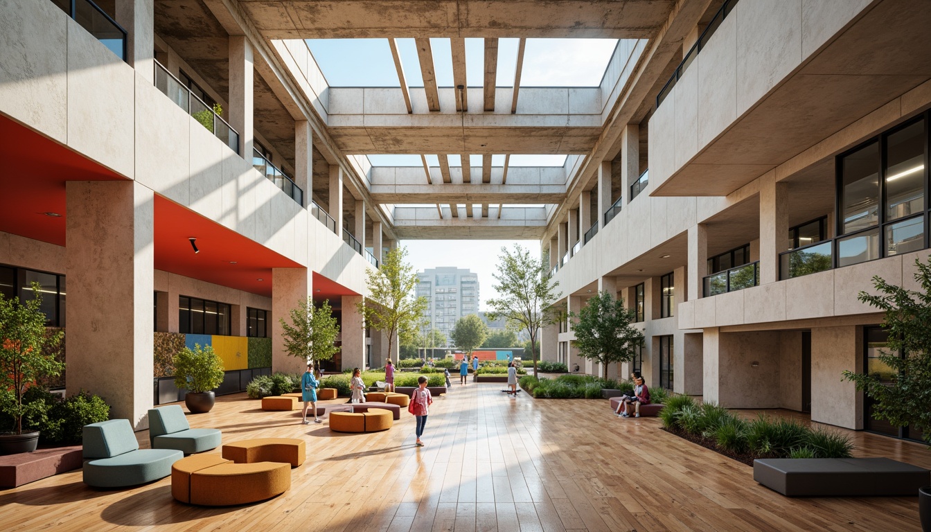 Prompt: Vibrant high school campus, brutalist architecture, exposed concrete walls, industrial metal beams, polished wooden floors, minimalist interior design, abundant natural light, clerestory windows, open classrooms, collaborative learning spaces, modular furniture, colorful accent walls, geometric patterns, textured stone fa\u00e7ade, cantilevered rooflines, dramatic shading devices, warm afternoon lighting, shallow depth of field, 2/3 composition, realistic material rendering, ambient occlusion.