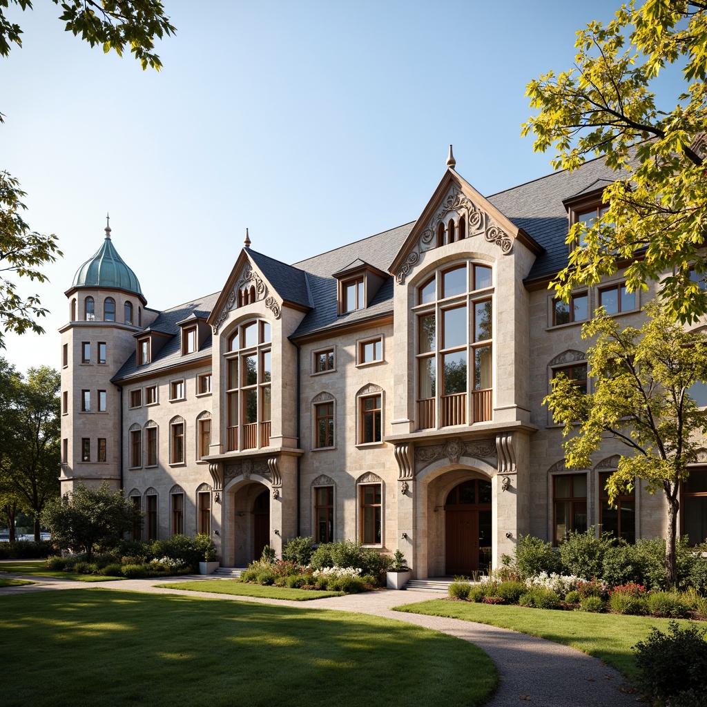 Prompt: Historic academic building, symmetrical facade, ornate stone carvings, grand entrance archways, rusticated quoins, classical columns, pedimented windows, steeply pitched roofs, copper domes, manicured lawns, walking paths, seasonal blooming flowers, sunny afternoon, soft warm lighting, atmospheric perspective, 1/2 composition, realistic textures, ambient occlusion.