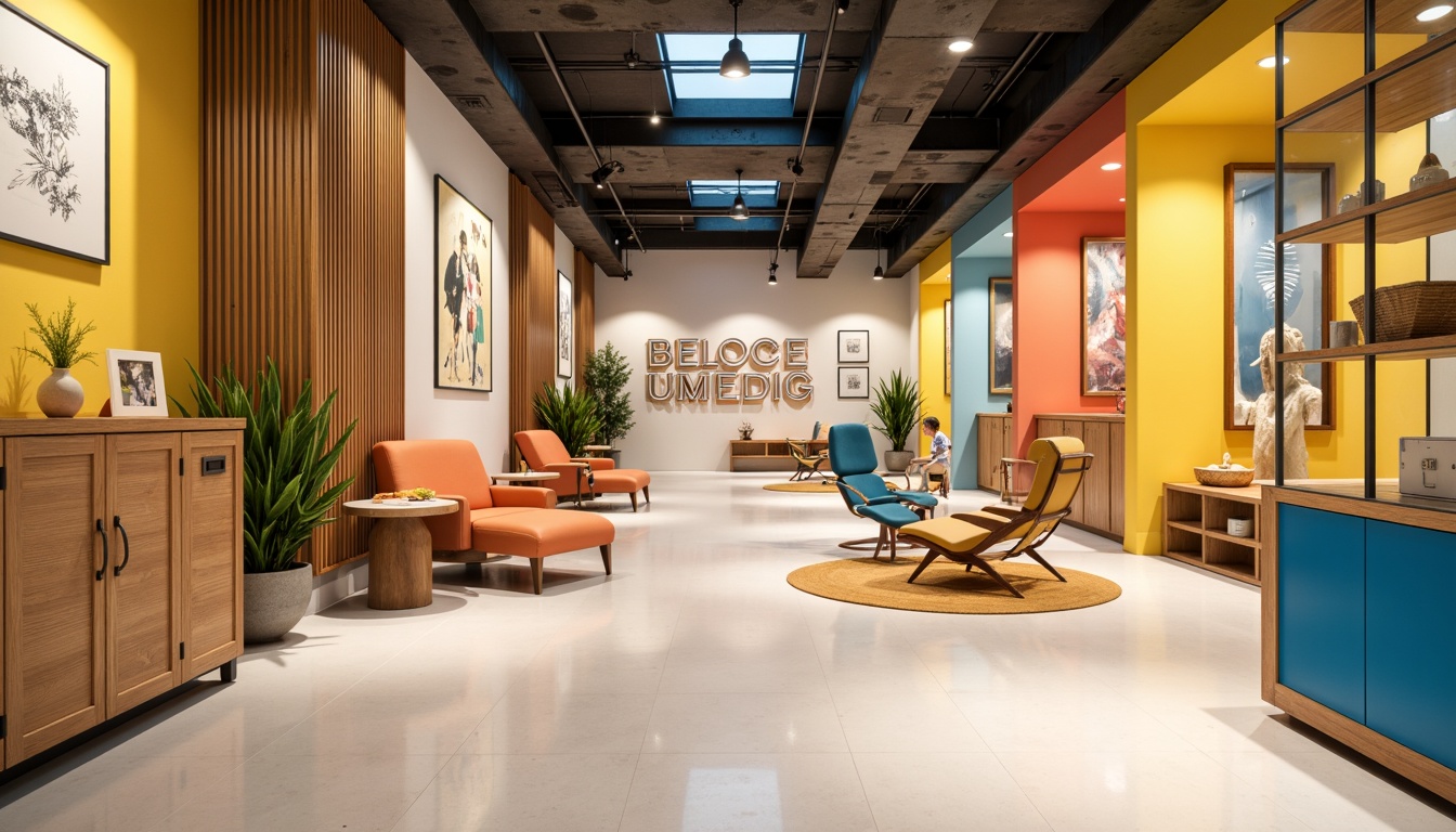 Prompt: Vibrant design studio, modern interior space, eclectic color palette, bold typography, minimalist furniture, sleek metal accents, natural wood textures, earthy tone backgrounds, pastel hue highlights, creamy white surfaces, warm golden lighting, 1/1 composition, shallow depth of field, realistic shadows, ambient occlusion.