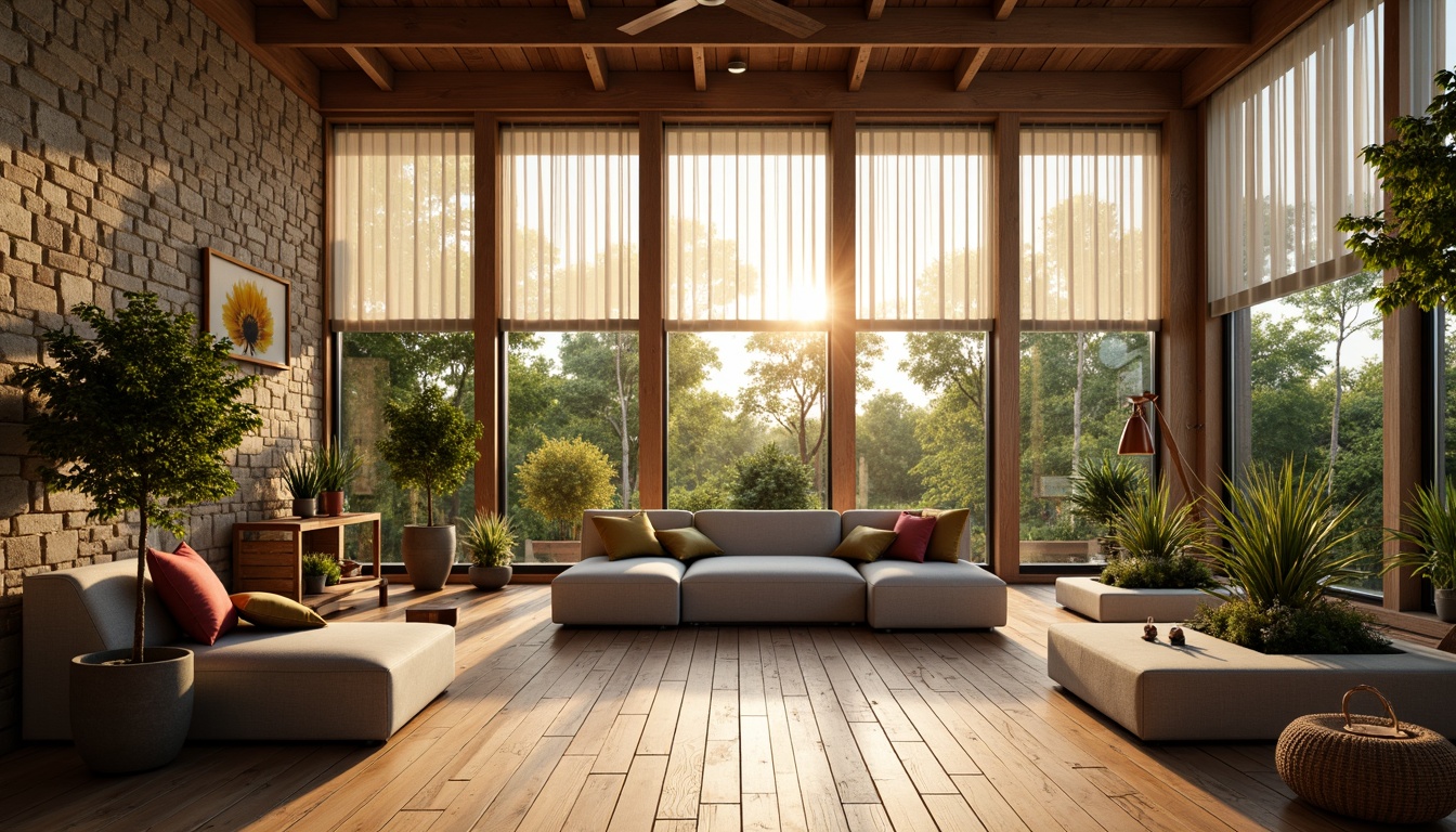 Prompt: Vibrant living room, floor-to-ceiling windows, natural stone walls, wooden flooring, minimalist decor, cozy reading nooks, soft warm lighting, indirect sunlight, sheer curtains, comfortable sofas, lush greenery, potted plants, earthy color palette, organic textures, subtle shadows, 1/1 composition, intimate atmosphere, serene ambiance, gentle morning light, warm afternoon glow, ambient occlusion.