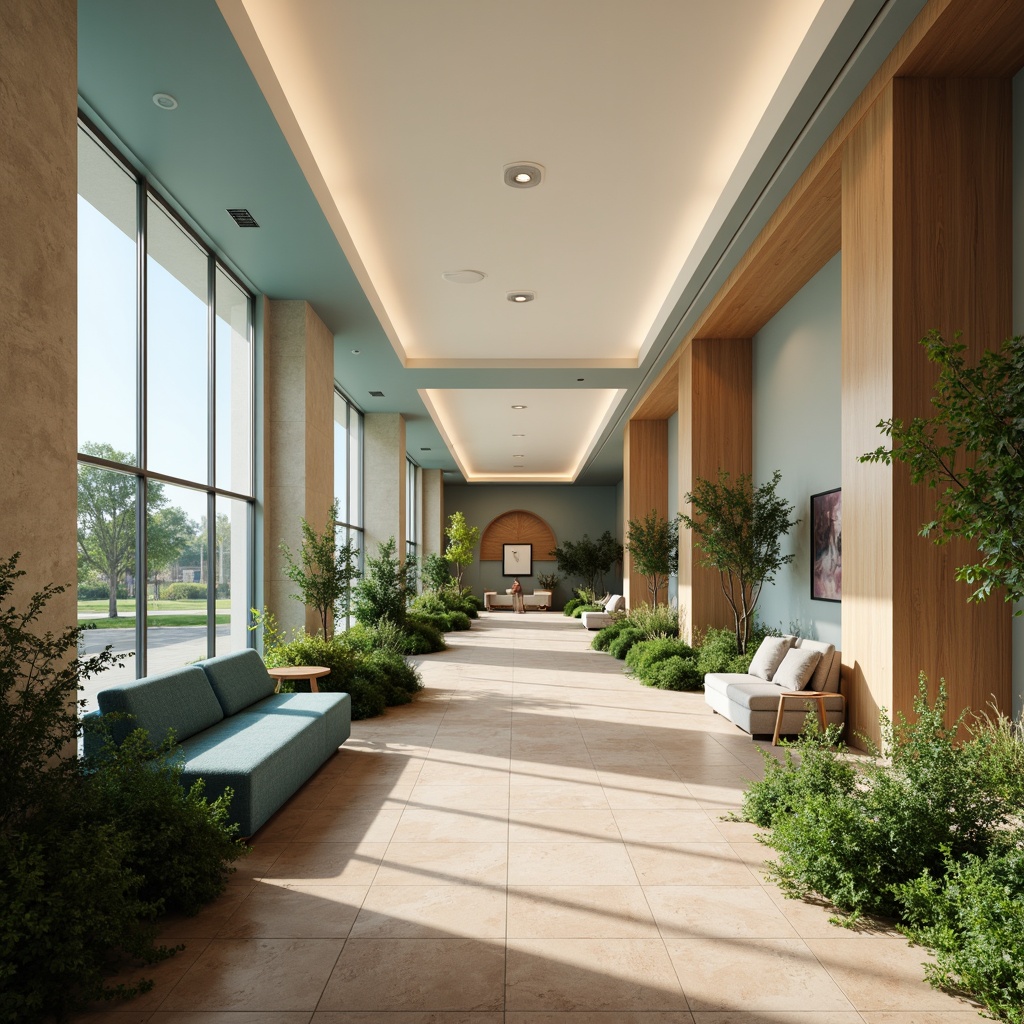 Prompt: Soothing hospital corridors, calming blue tones, gentle green hues, natural wood accents, earthy terracotta flooring, soft beige walls, warm creamy lighting, peaceful ambiance, serene water features, lush indoor plants, comfortable seating areas, minimal ornamentation, organic shapes, rounded edges, harmonious color harmony, calming atmosphere, reduced stress levels, improved mental well-being.