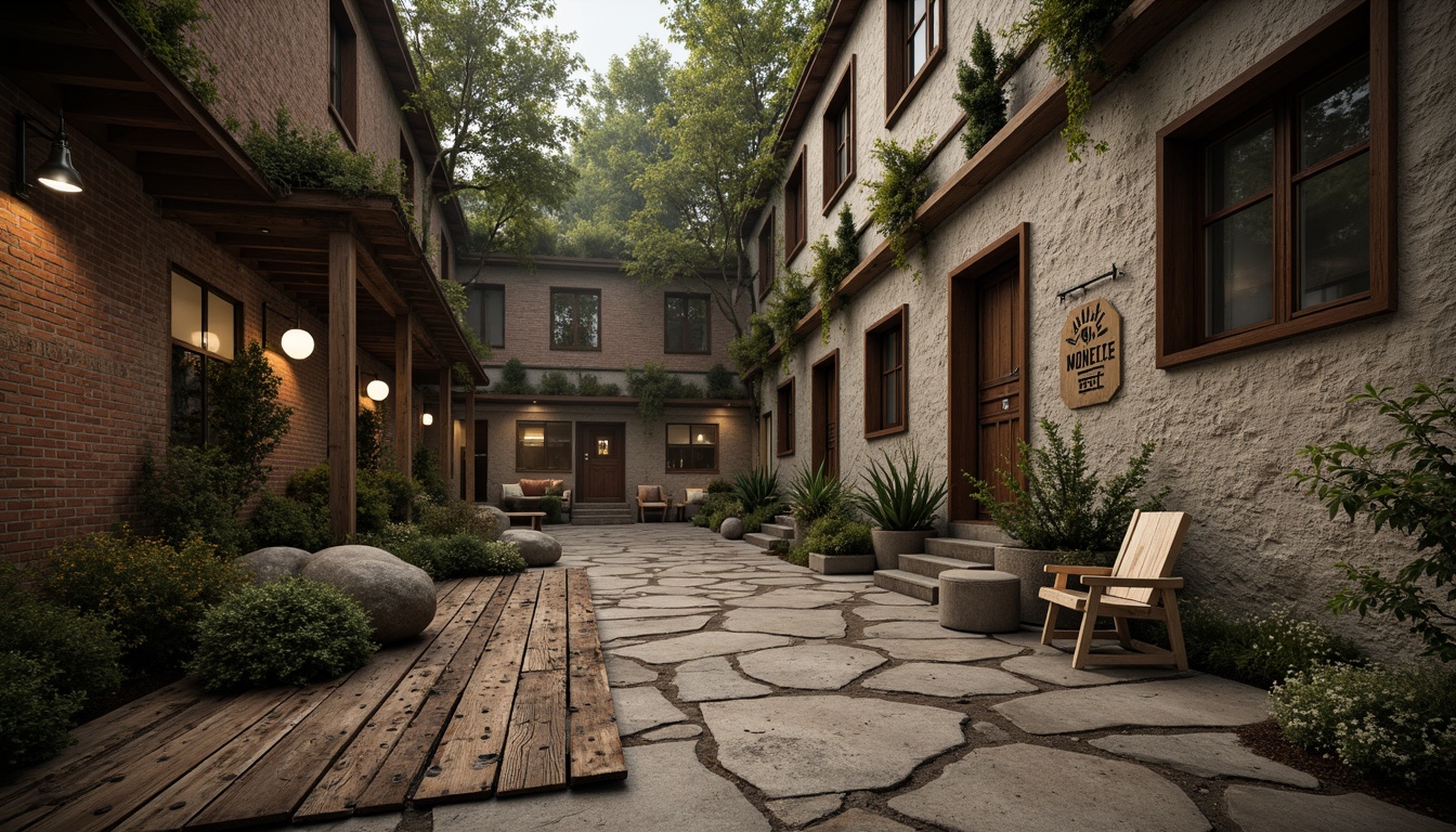 Prompt: Rustic wooden planks, distressed metal sheets, weathered stone walls, moss-covered bricks, rough-hewn boulders, peeling paint, faded signage, worn concrete floors, cracked earthy terrain, overgrown vegetation, misty atmosphere, soft warm lighting, shallow depth of field, 1/1 composition, realistic textures, ambient occlusion.