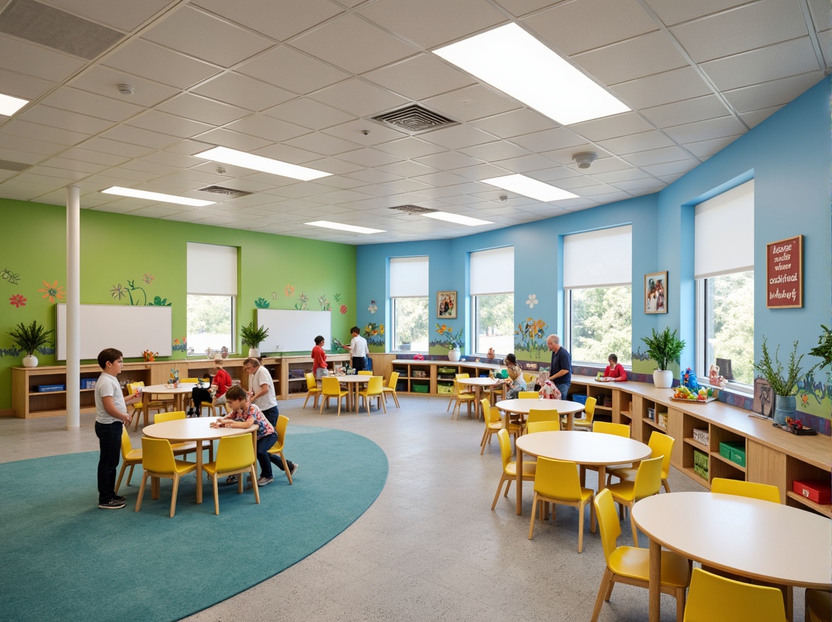 Prompt: Vibrant elementary school, playful kindergarten, colorful classrooms, educational murals, interactive whiteboards, collaborative workspaces, ergonomic furniture, natural wood accents, soft carpet flooring, calming blue walls, stimulating yellow chairs, inspiring green boards, warm beige tables, abundant daylight, modern LED lighting, gentle color transitions, harmonious color scheme, 3D visual interest, subtle texture variations.