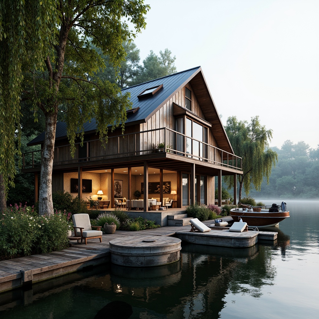 Prompt: Waterfront boathouse, eclectic architecture, rustic wooden docks, nautical ropes, vintage boat decorations, lush greenery, overhanging trees, serene lake reflections, misty morning atmosphere, soft warm lighting, shallow depth of field, 3/4 composition, panoramic view, realistic textures, ambient occlusion, natural stone walls, reclaimed wood accents, distressed metal details, cozy interior spaces, plush furnishings, vintage nautical artifacts, scenic outdoor decks, glass railings, modern amenities integration.