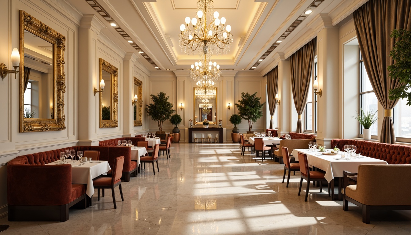 Prompt: Elegant dining hall, luxurious chandeliers, polished marble floors, creamy white walls, ornate mirrors, velvet drapes, rich wood furniture, tufted upholstery, crystal glassware, fine china display, sophisticated ambiance, warm soft lighting, 1/1 composition, shallow depth of field, realistic textures, ambient occlusion.