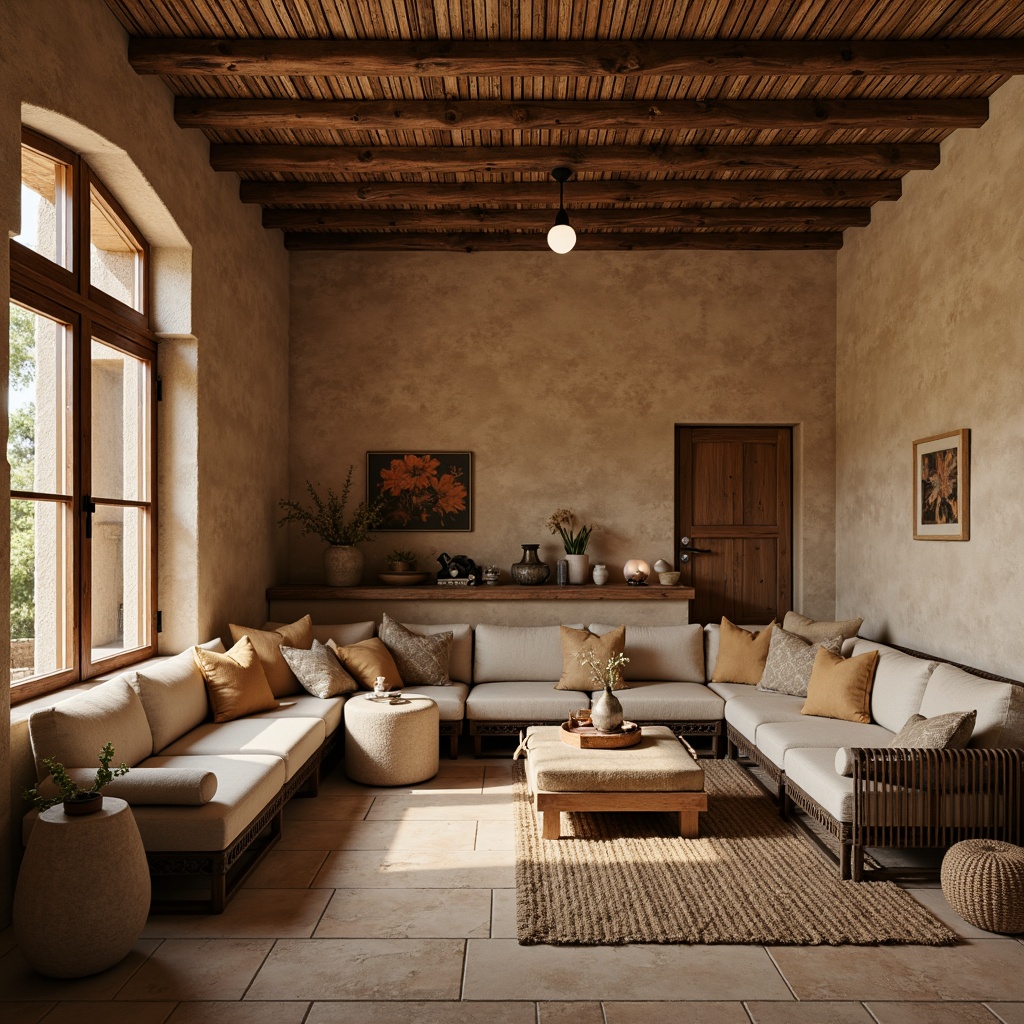 Prompt: Earthy mud walls, rustic natural textures, rough-hewn wooden accents, organic forms, handcrafted details, earthy tones, warm beige colors, natural stone flooring, woven wicker furniture, soft candlelight, cozy intimate atmosphere, shallow depth of field, 1/1 composition, realistic rendering, ambient occlusion.