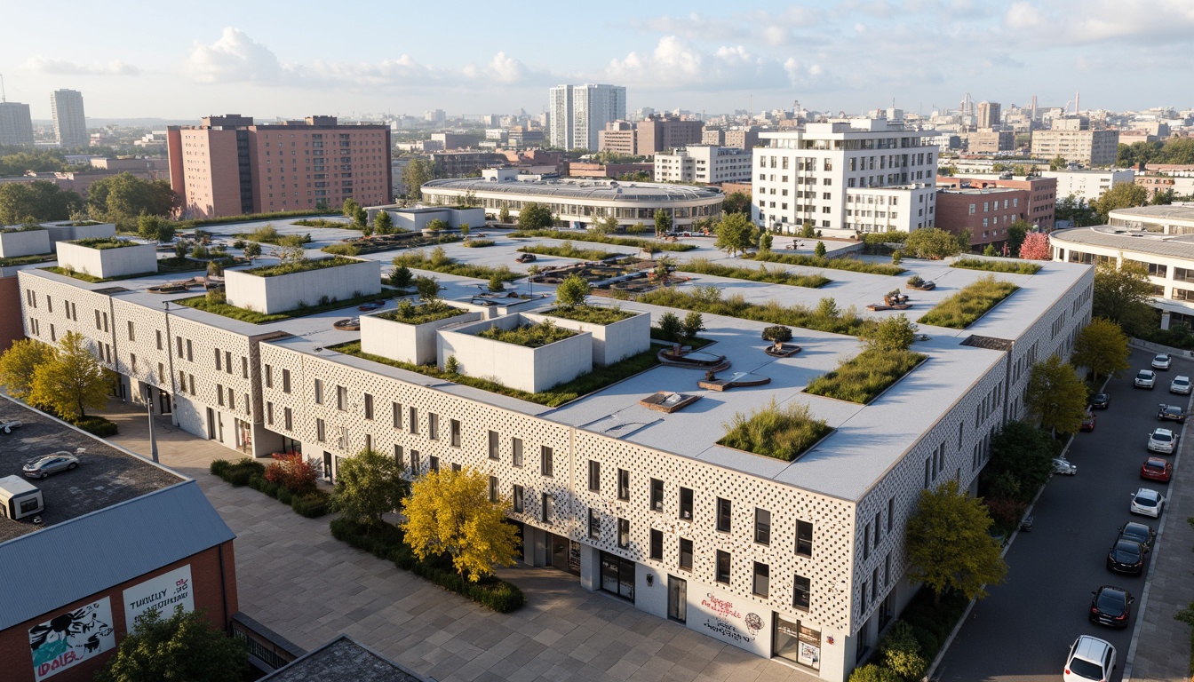 Prompt: Modern distribution center, social housing complex, innovative fa\u00e7ades, perforated metal panels, green roofs, solar panels, wind turbines, sustainable energy solutions, urban landscape, cityscape, busy streets, vibrant street art, graffiti walls, eclectic architecture, industrial chic, exposed ductwork, polished concrete floors, minimalist interior design, functional spaces, communal areas, rooftop gardens, panoramic views, 3/4 composition, shallow depth of field, warm natural lighting.