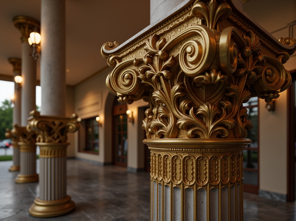 Prompt: Ornate column capitals, intricately carved acanthus leaves, golden gilded details, ornamental scrolls, fluted shafts, Corinthian-inspired architecture, luxurious materials, marble or granite bases, ornate pedestals, dramatic lighting effects, warm ambient glow, richly textured surfaces, highly detailed carvings, realistic stone or marble textures, shallow depth of field, 1/1 composition, symmetrical view.