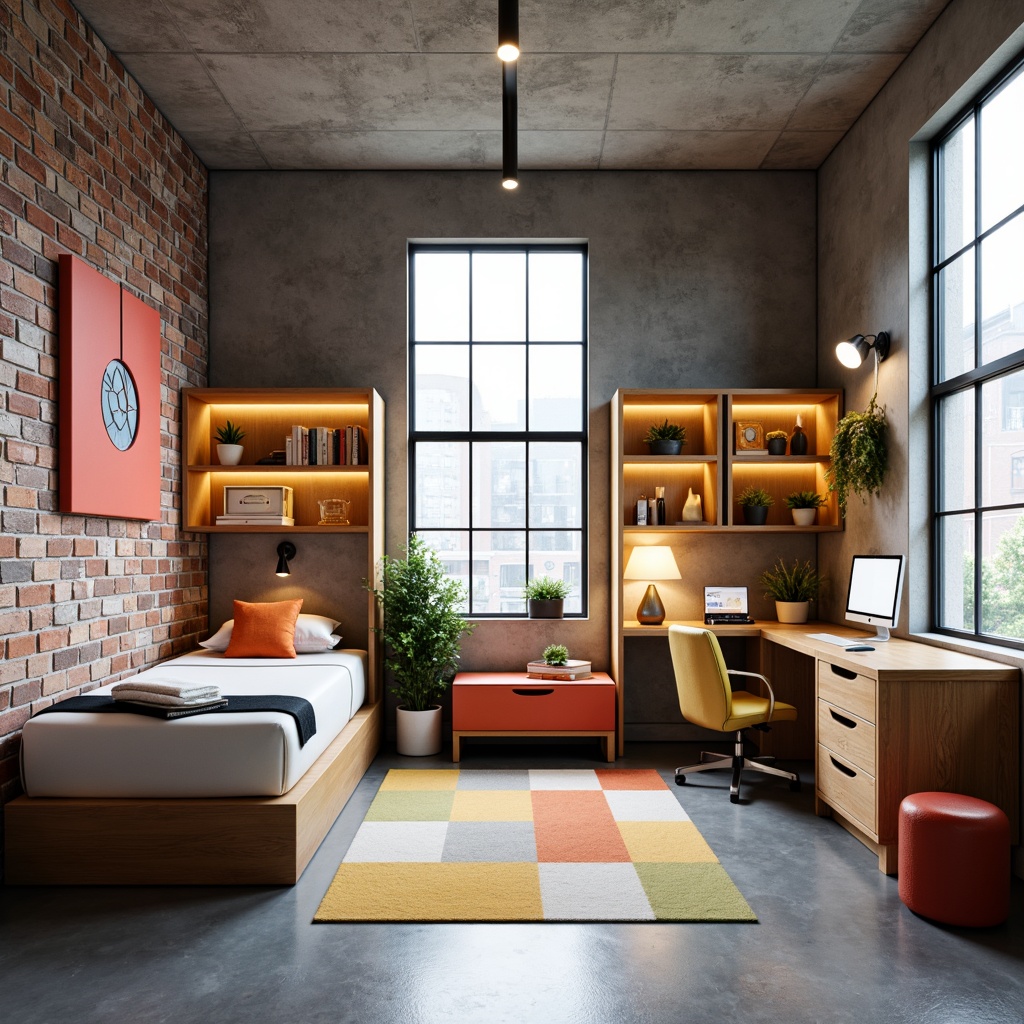 Prompt: Minimalist dorm room, angular furniture, geometric shapes, primary color accents, functional storage, industrial materials, exposed brick walls, polished concrete floors, modern lighting fixtures, sleek metal frames, rectangular windows, functional decor, aesthetic simplicity, harmonious proportions, balanced composition, 1/1 aspect ratio, softbox lighting, subtle shadows, realistic textures.