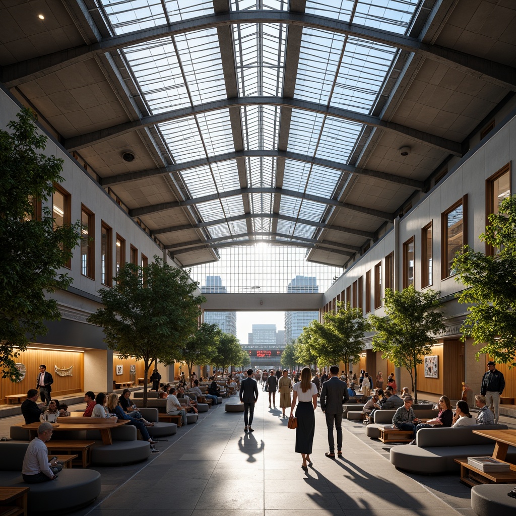 Prompt: Grand train station, high ceilings, natural light pouring in, airy atmosphere, modern sleek design, glass roofs, steel beams, industrial chic aesthetic, bustling crowd, dynamic movement, urban vibe, cityscape views, abstract art installations, comfortable seating areas, greenery walls, wooden accents, minimalist decor, soft warm lighting, shallow depth of field, 3/4 composition, panoramic view, realistic textures, ambient occlusion.