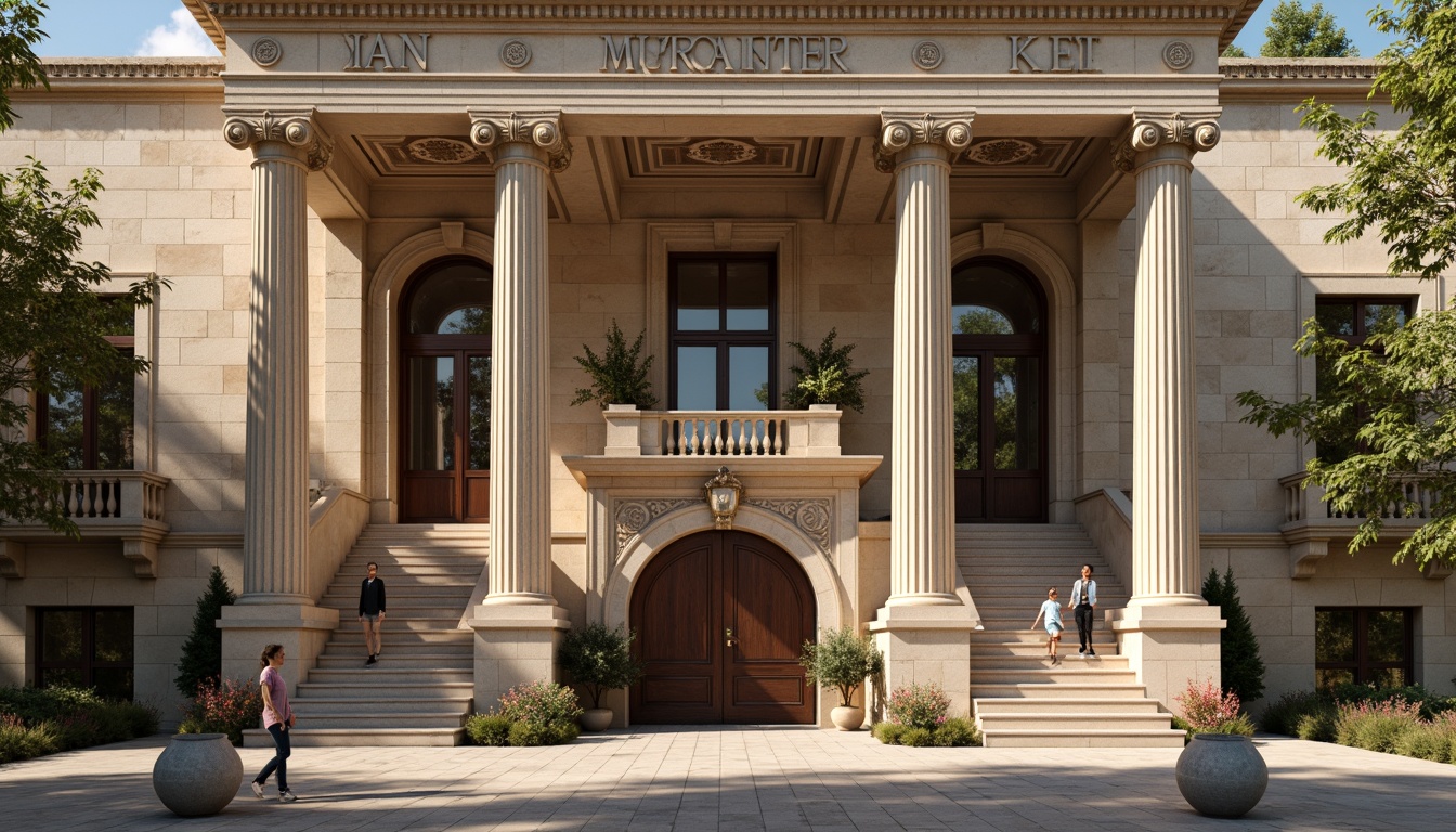 Prompt: Grandiose neoclassical facade, ornate columns, symmetrical composition, rustic stone walls, intricate carvings, classical pediments, ornamental details, grand entranceways, sweeping staircases, majestic arches, elegant balustrades, refined moldings, subtle color palette, natural light, warm afternoon sun, shallow depth of field, 1/2 composition, realistic textures, ambient occlusion.