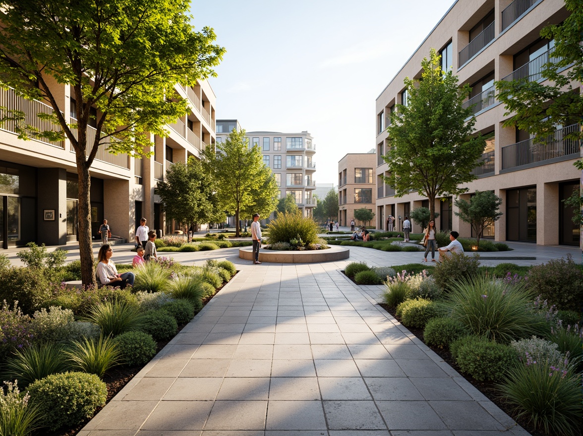 Prompt: Vibrant urban plaza, lush greenery, pedestrian walkways, modern street furniture, public art installations, natural stone pavements, minimalist landscaping, abundant sunlight, soft warm lighting, 3/4 composition, shallow depth of field, panoramic view, realistic textures, ambient occlusion.