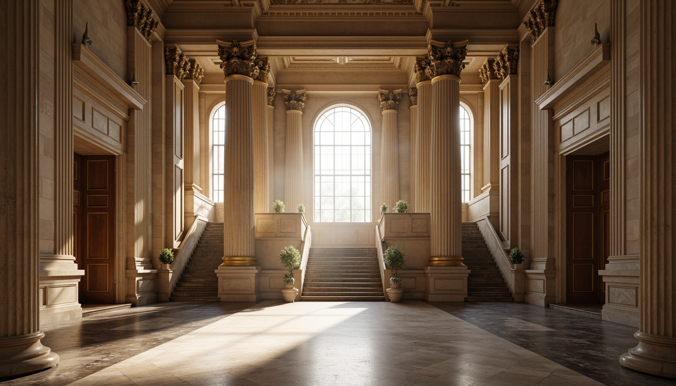 Prompt: Grandiose neoclassical building, imposing columns, ornate capitals, fluted shafts, dignified arches, symmetrical facade, rusticated base, elegant entablature, stately pilasters, refined moldings, polished marble floors, majestic staircase, solemn atmosphere, natural light pouring through large windows, subtle warm lighting, shallow depth of field, 1/1 composition, realistic textures, ambient occlusion.