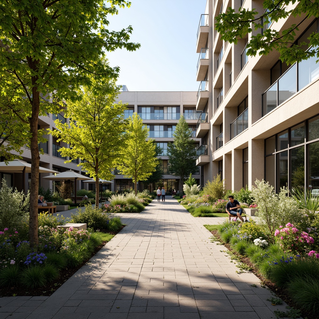 Prompt: Serene urban plaza, lush greenery, vibrant flowers, walking paths, benches, natural stone pavement, modern architecture, large windows, glass doors, blooming trees, sunny day, soft warm lighting, shallow depth of field, 3/4 composition, panoramic view, realistic textures, ambient occlusion.