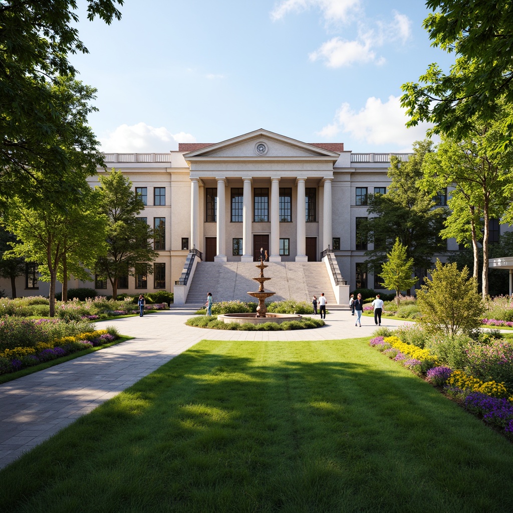 Prompt: Majestic courthouse building, neoclassical architecture, grand entrance staircase, ornate columns, symmetrical facade, lush green lawns, vibrant flower beds, manicured hedges, walking paths, bronze statues, historic lamp posts, natural stone pavement, tranquil fountain, warm sunny day, soft diffused lighting, shallow depth of field, 1/1 composition, realistic textures, ambient occlusion.