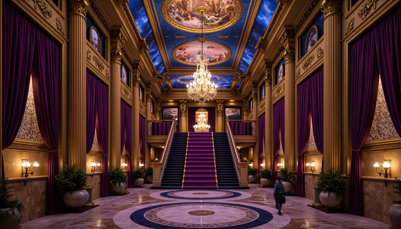 Prompt: Rich velvet drapes, luxurious golden accents, ornate wooden paneling, celestial-inspired murals, starry night skies, intricate fresco ceilings, lavish chandeliers, grandiose staircases, opulent marble floors, rich jewel-toned fabrics, regal purple hues, majestic blue tones, warm candlelight, soft focus, cinematic lighting, dramatic shadows, symmetrical composition, ornate frame details, realistic textures, ambient occlusion.