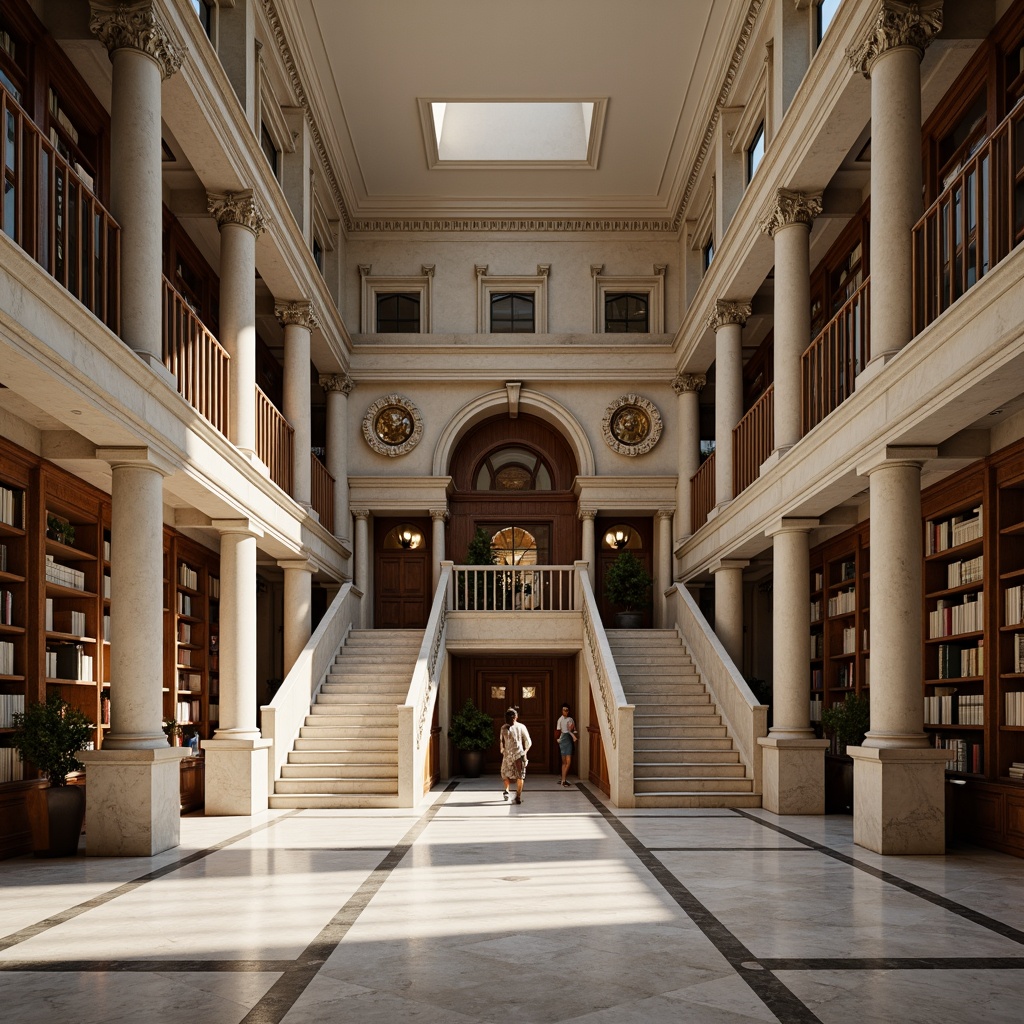 Prompt: Grandiose library exterior, symmetrical fa\u00e7ade, neoclassical architecture, ornate columns, grand entrance, sweeping staircases, elegant archways, high ceilings, marble flooring, intricate moldings, classic pediments, balanced composition, central axis, perfect proportions, natural light pouring in, soft warm glow, subtle shadows, 1/1 ratio, frontal view, realistic textures, ambient occlusion.