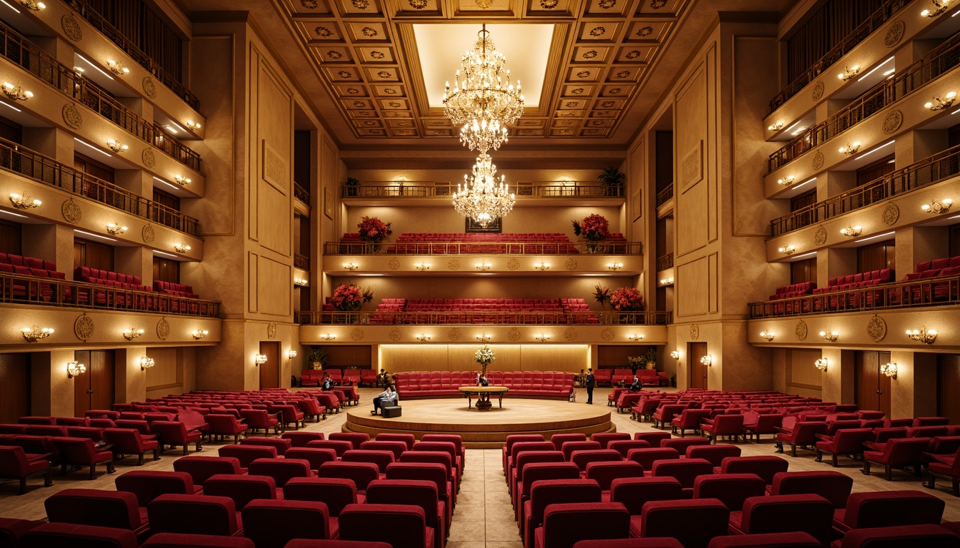 Prompt: Elegant concert hall, rich wood tones, warm beige walls, polished brass accents, sophisticated chandeliers, plush red velvet seats, ornate golden balconies, refined acoustic panels, classic architectural details, subtle cream-colored marble floors, intimate stage settings, dramatic spotlighting, soft warm glow, shallow depth of field, 1/1 composition, realistic textures, ambient occlusion.