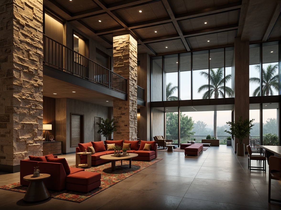 Prompt: Luxurious modern mansion, contrasting rough stone walls, smooth glass fa\u00e7ades, polished metal accents, rich wooden floors, plush velvet furnishings, matte concrete columns, glossy marble countertops, industrial steel beams, warm ambient lighting, dramatic shading, atmospheric mist, 1/1 composition, cinematic view, hyper-realistic textures, advanced normal mapping.