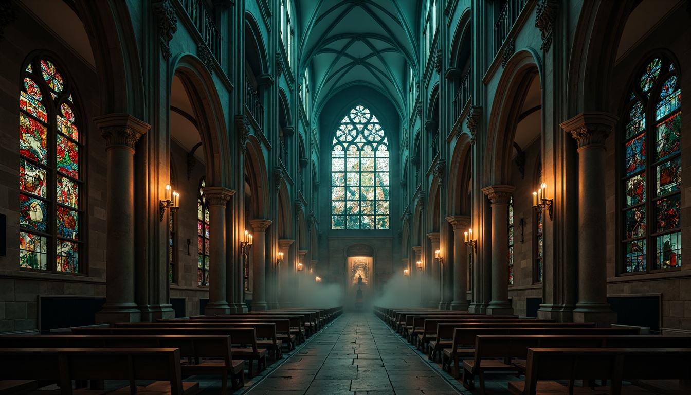 Prompt: Dark mysterious Gothic cathedral, ornate stone carvings, pointed arches, ribbed vaults, flying buttresses, intricate tracery, stained glass windows, rich jewel tones, deep crimson reds, midnight blues, emerald greens, golden yellows, eerie moonlight, dramatic shadows, warm candlelit glow, atmospheric fog, mysterious misty dawn, 3/4 composition, symmetrical framing, low-key lighting, realistic textures, ambient occlusion.