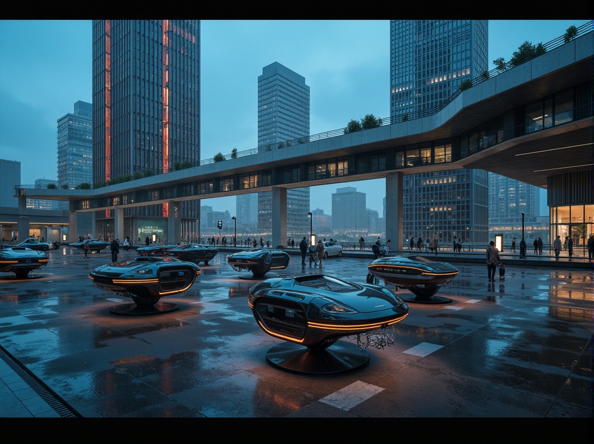 Prompt: Futuristic architecture design, granite cladding, metallic accents, neon lights, sleek lines, minimalist forms, high-tech gadgets, robotic installations, holographic displays, futuristic transportation systems, urban skyscrapers, towering cities, dense metropolitan areas, cyberpunk atmosphere, vibrant LED lighting, misty fog effects, low-poly 3D models, atmospheric soundscapes, cinematic composition, shallow depth of field, 2.35