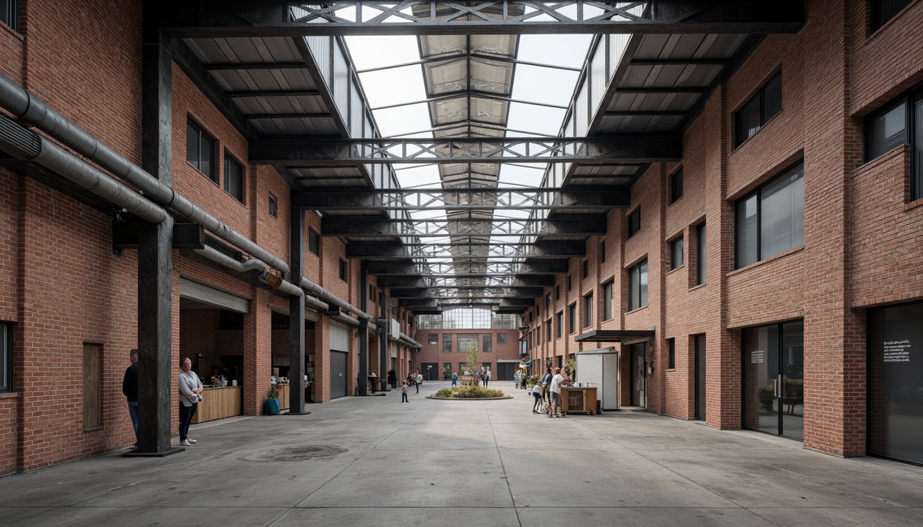 Prompt: Industrial warehouse, galvanized steel framework, fire brick exterior walls, rustic metal accents, exposed ductwork, concrete flooring, high ceilings, large skylights, natural ventilation, urban cityscape, cloudy grey sky, soft diffused lighting, shallow depth of field, 1/1 composition, realistic textures, ambient occlusion.