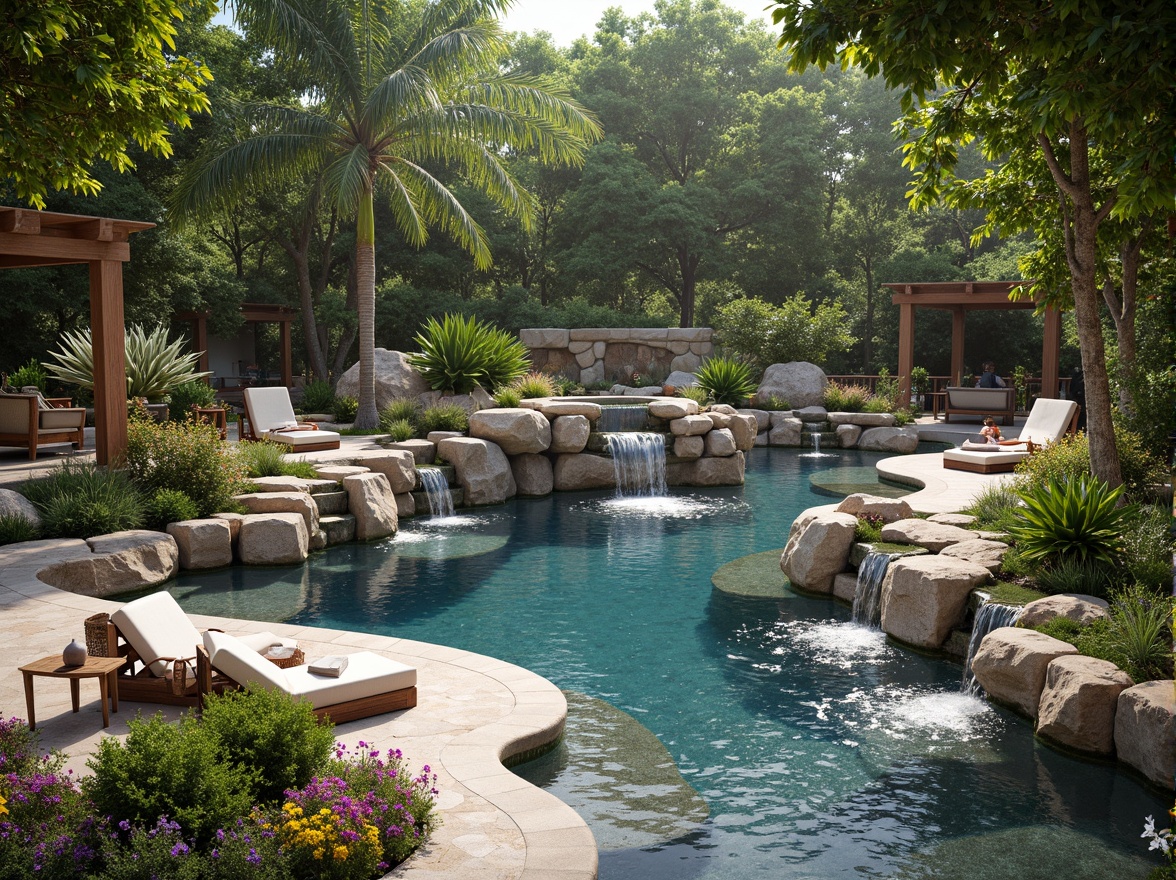 Prompt: Natural stone waterfalls, meandering streams, lush tropical plants, vibrant colorful flowers, eclectic pool shapes, irregular edges, mixed material decking, wooden accents, metallic railings, ornate fountains, splashing water effects, sunken lounging areas, shaded pergolas, rustic outdoor furniture, warm ambient lighting, soft misty atmosphere, 1/1 composition, realistic water textures, subtle ripples, serene ambiance.