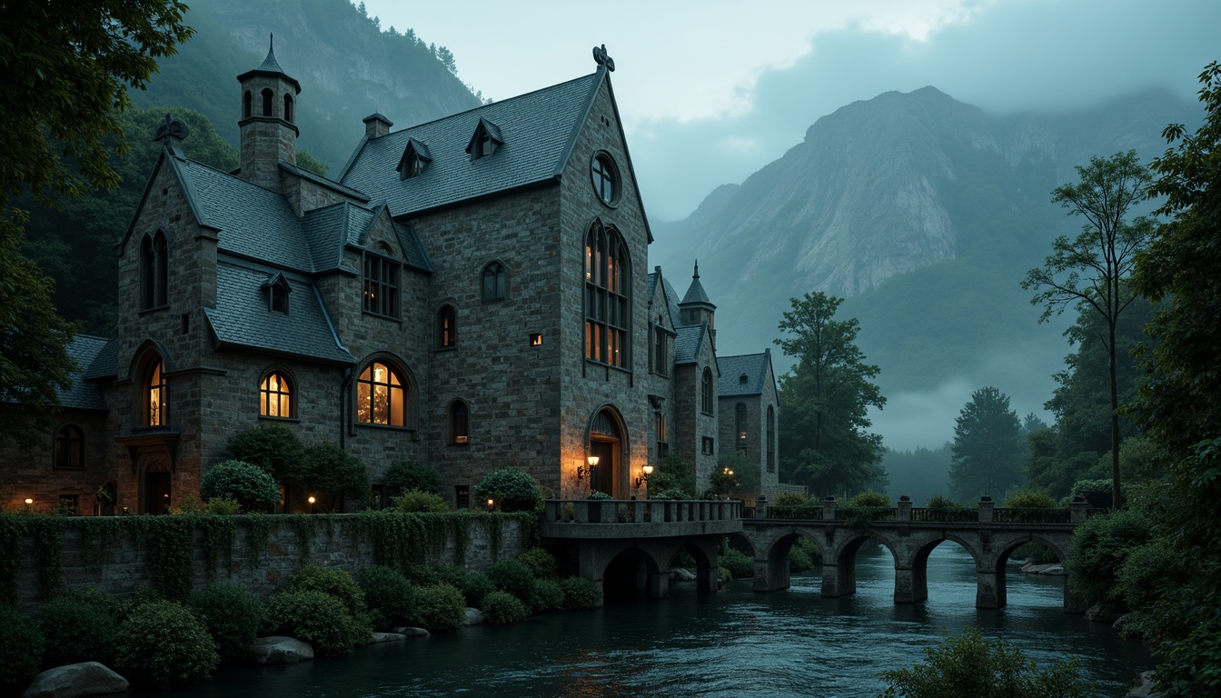 Prompt: Mysterious Gothic castle, rugged stone walls, overgrown ivy, misty fog, eerie twilight, crumbling arches, ornate gargoyles, grand halls, stained glass windows, intricate stone carvings, mystical ambiance, dark romantic atmosphere, mist-shrouded mountains, ancient forests, winding rivers, moss-covered bridges, weathered wooden piers, atmospheric perspective, low-key lighting, cinematic depth of field, 2/3 composition, dramatic panoramic view.