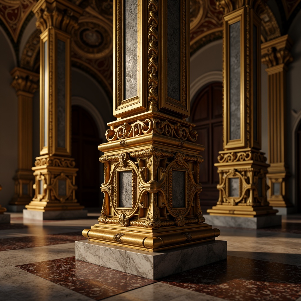 Prompt: Ornate column, intricately carved details, golden gilding, ornamental capitals, fluted shafts, spiral volutes, acanthus leaf motifs, lavish decorations, opulent materials, luxurious atmosphere, dramatic lighting, deep shadows, high-contrast textures, warm earthy tones, richly polished marble, grandiose architecture, symmetrical composition, central axis alignment, 1/2 perspective view, shallow depth of field.