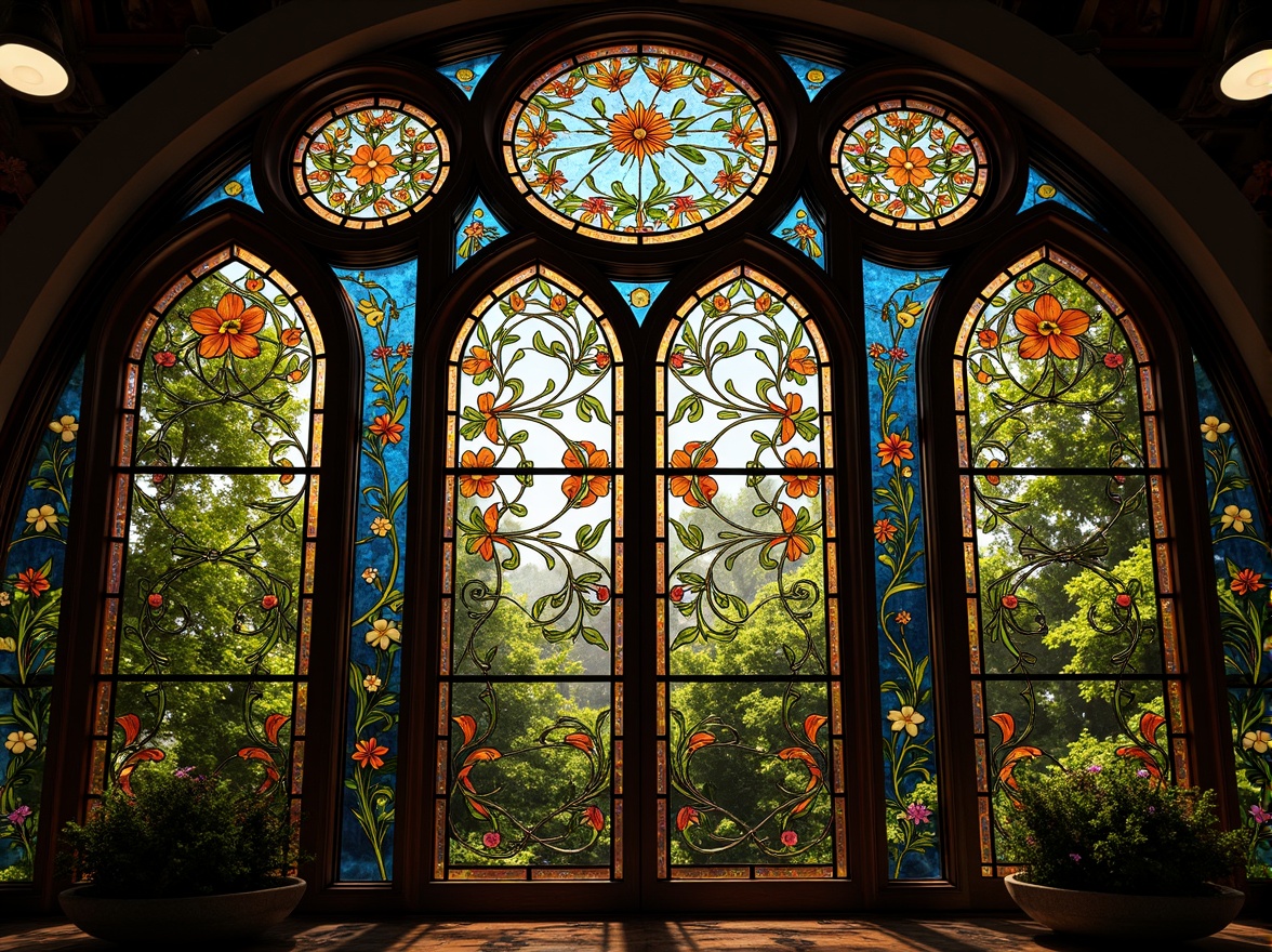 Prompt: Intricate stained glass windows, ornate metalwork frames, lush botanical patterns, flowing curvilinear lines, vibrant jewel-toned colors, iridescent glass textures, ornamental floral motifs, organic forms, natural light filtering, warm glowing ambiance, soft diffused lighting, 1/1 composition, shallow depth of field, realistic reflections, ambient occlusion.