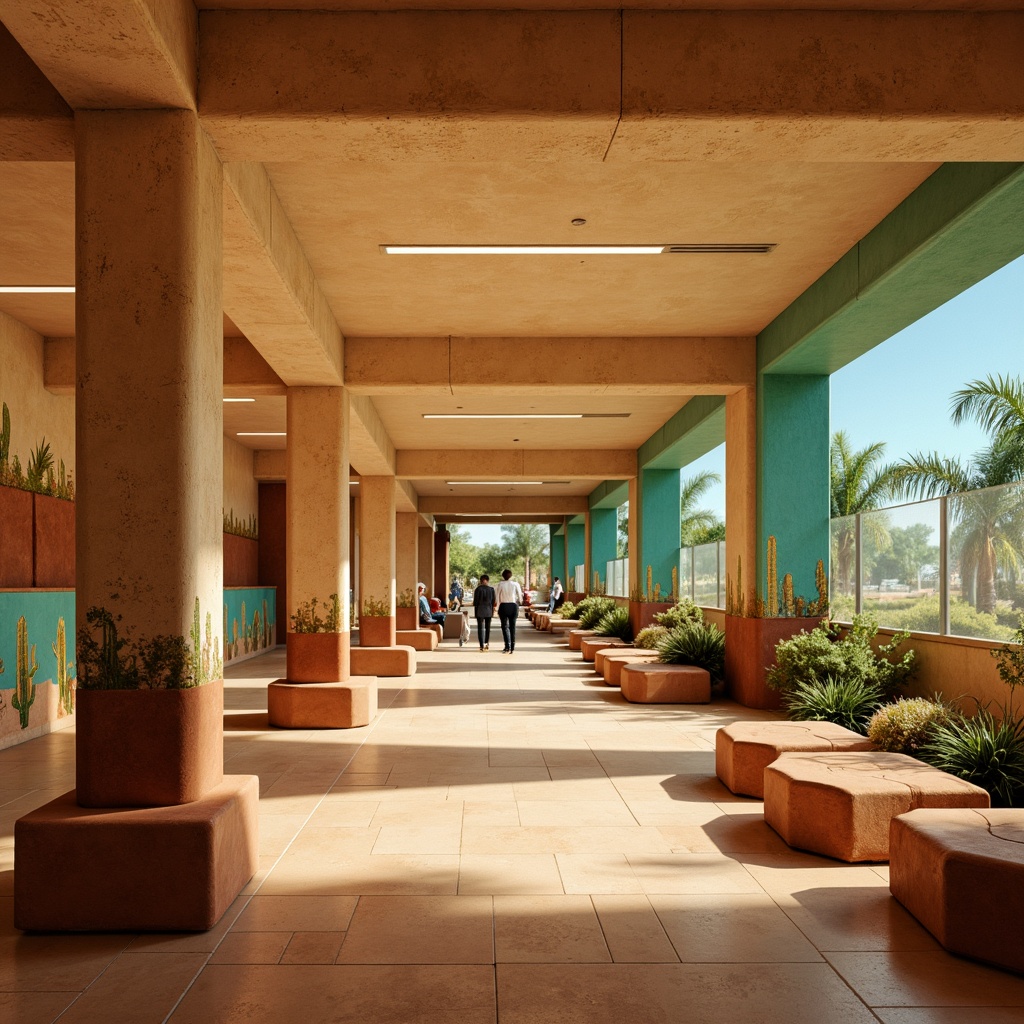 Prompt: Vibrant metro station, desert-inspired architecture, sandy beige walls, turquoise accents, warm terracotta floors, earthy brown columns, sun-bleached wooden benches, cactus-motif murals, abstract geometric patterns, ambient LED lighting, soft warm glow, shallow depth of field, 1/2 composition, realistic textures, atmospheric fog effect, urban oasis atmosphere.