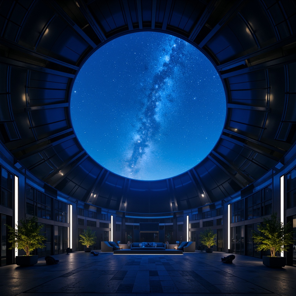 Prompt: Dark blue dome, starry night sky, celestial bodies, spherical projection screen, sleek minimalism, futuristic architecture, polished metal accents, LED strip lighting, ambient glow, soft gradient transitions, 3D astronomical visualizations, high-contrast ratios, dramatic spotlights, atmospheric fog effects, panoramic views, symmetrical compositions, high-tech gadgetry, metallic materials, geometric patterns, abstract textures, cinematic color grading, moody atmospheric soundscapes.