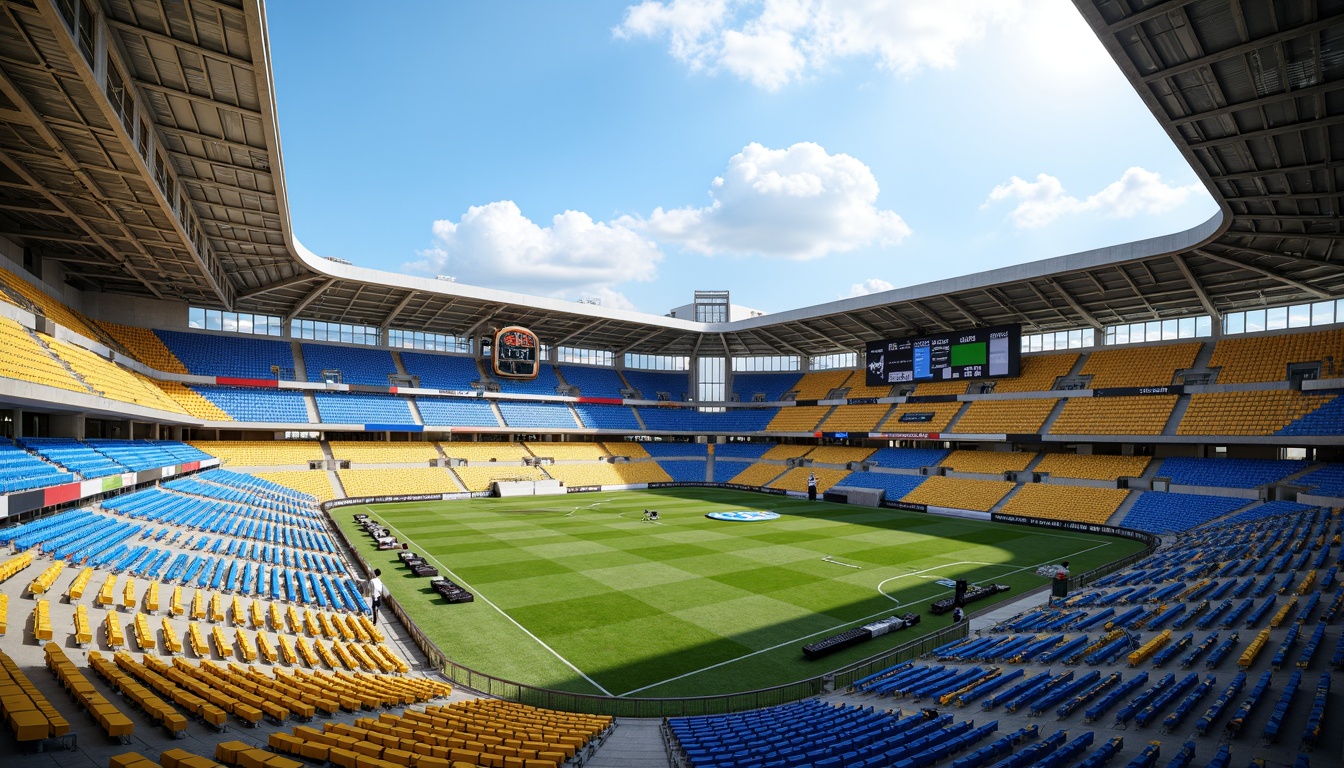 Prompt: Vibrant sports stadium, dynamic seating areas, bold team colors, electric blue accents, bright yellow highlights, warm beige concourses, cool grey concrete walls, sleek metal railings, energetic crowd atmosphere, lively scoreboard displays, natural grass fields, sunny day lighting, shallow depth of field, 3/4 composition, panoramic view, realistic textures, ambient occlusion.