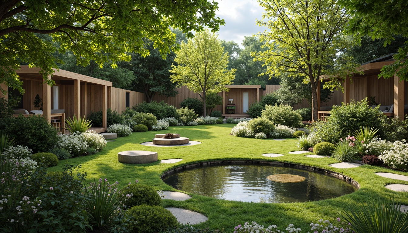 Prompt: Soothing natural scenery, lush green grass, vibrant blooming flowers, gentle water features, meandering stone pathways, wooden benches, eco-friendly planters, birdhouses, tranquil pond reflections, rustic wooden fences, ornamental trees, soft diffused lighting, 1/1 composition, intimate atmosphere, realistic foliage textures, ambient occlusion.