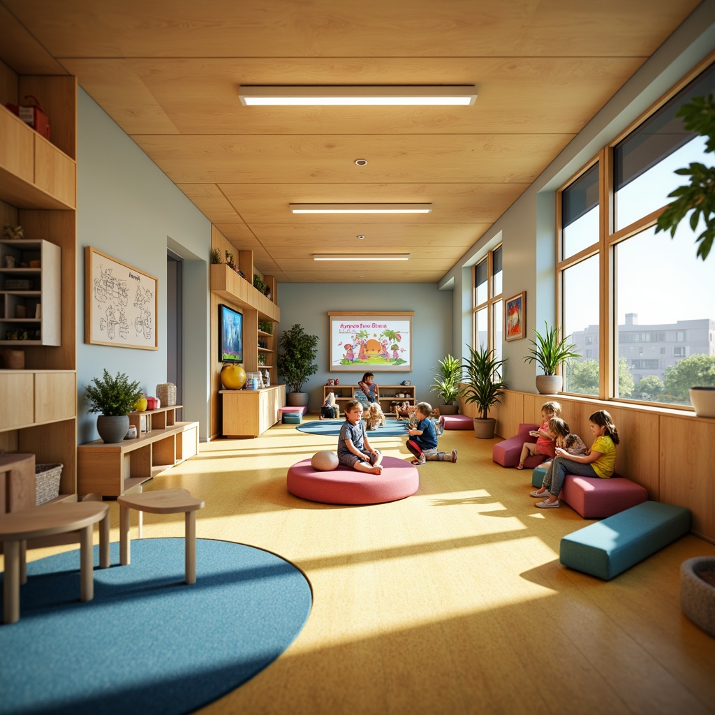 Prompt: Vibrant kindergarten, playful color scheme, warm beige walls, rich wood accents, soft pastel hues, calming blue tones, stimulating yellow highlights, educational signage, interactive whiteboards, ergonomic furniture, natural fiber carpets, abundant natural light, cozy reading nooks, collaborative learning spaces, dynamic 3D visualization, shallow depth of field, 2/3 composition, cinematic lighting, realistic textures, ambient occlusion.