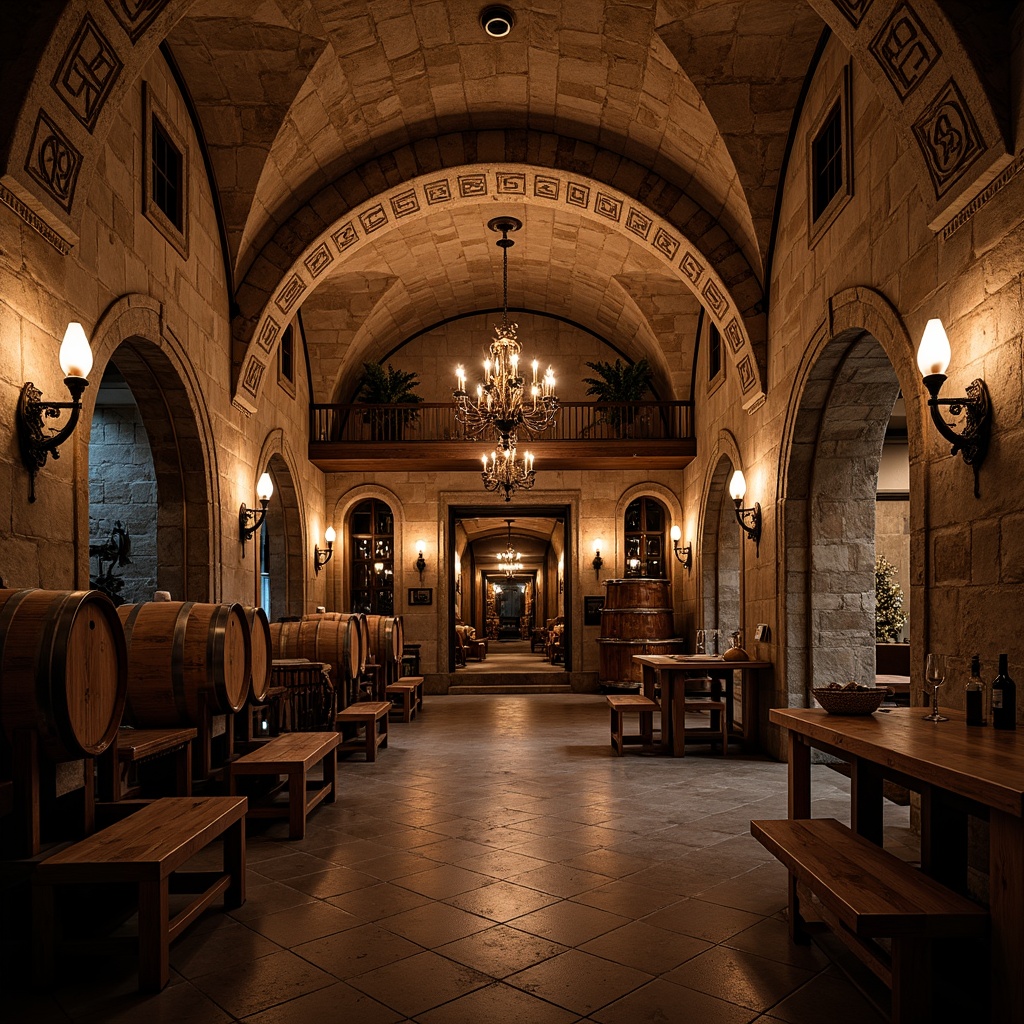 Prompt: Rustic winery, Renaissance Revival architecture, stone fa\u00e7ade, ornate carvings, wooden barrels, vintage wine-making equipment, dimly lit cellar, rich wood tones, earthy color palette, rustic stonework, curved archways, grand chandeliers, luxurious furnishings, lavish decorations, warm soft lighting, shallow depth of field, 1/2 composition, intimate atmosphere, realistic textures, ambient occlusion.